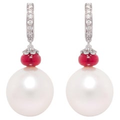Pearl Diamond Drop Earrings Hoop Ruby Design by Ella Gafter