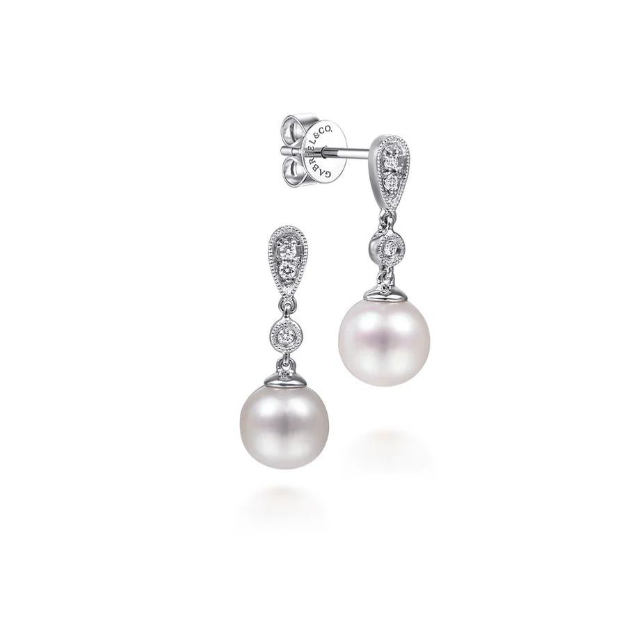 Pendientes Gota Perla Diamante Boda Formal Oro Amarillo o Blanco 14k EG9902 Corte redondo en venta