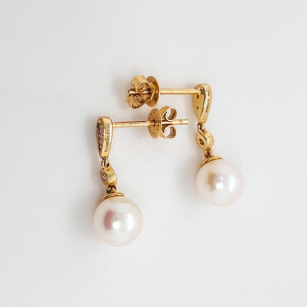 Pendientes Gota Perla Diamante Boda Formal Oro Amarillo o Blanco 14k EG9902 en venta 1