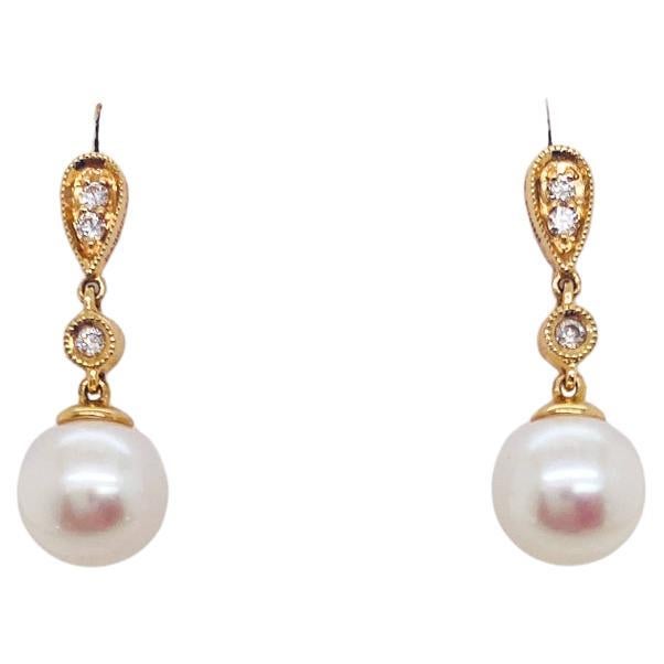 Pendientes Gota Perla Diamante Boda Formal Oro Amarillo o Blanco 14k EG9902 en venta