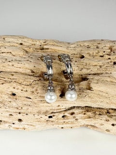 Pearl Diamond Earrings 14 Karat White Gold Dangling Modern Earrings
