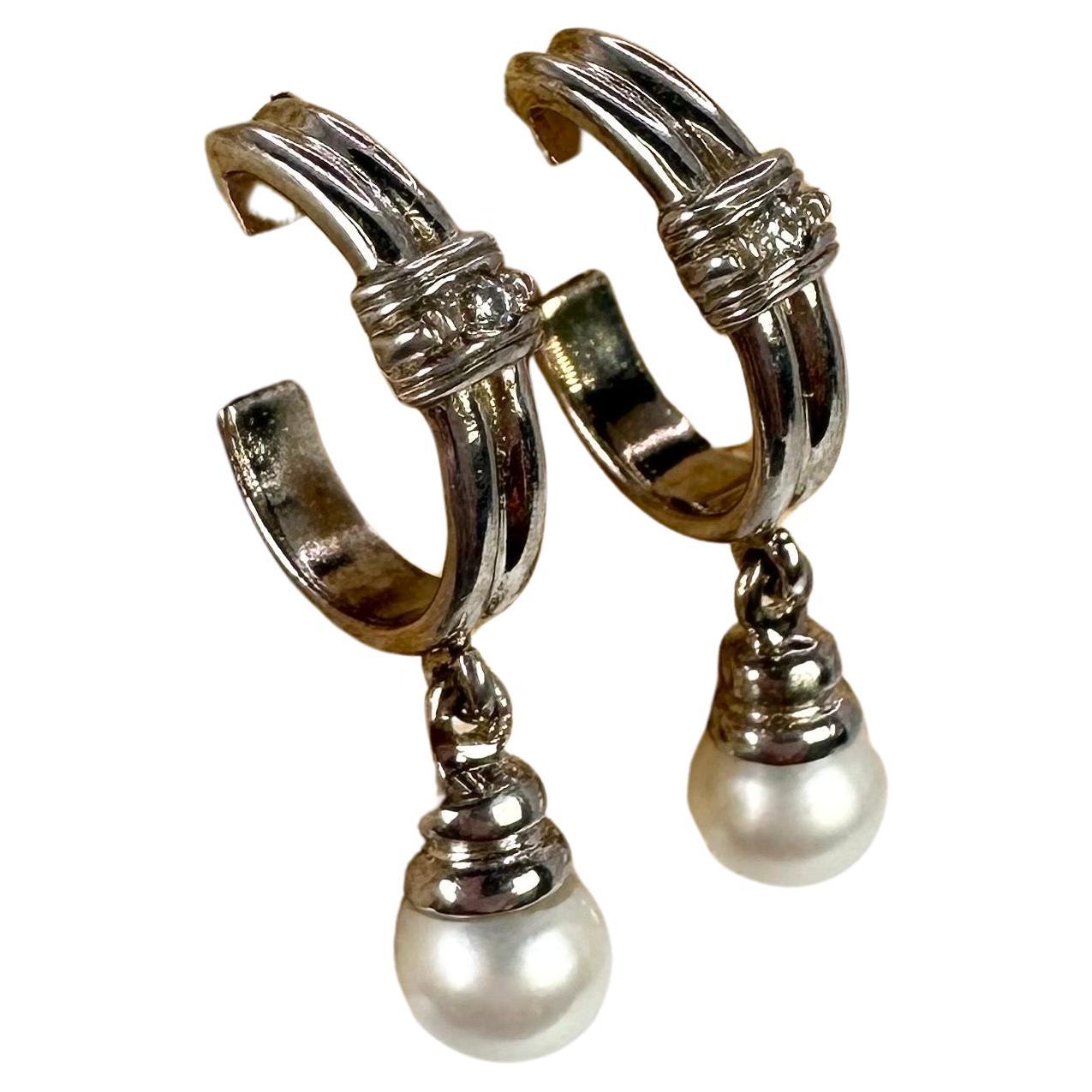 Pearl Diamond Earrings 14 Karat White Gold Dangling Modern Earrings For Sale