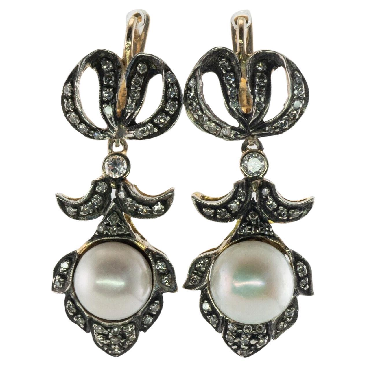 Pearl Diamond Earrings 18K Gold Sterling Silver Top Vintage