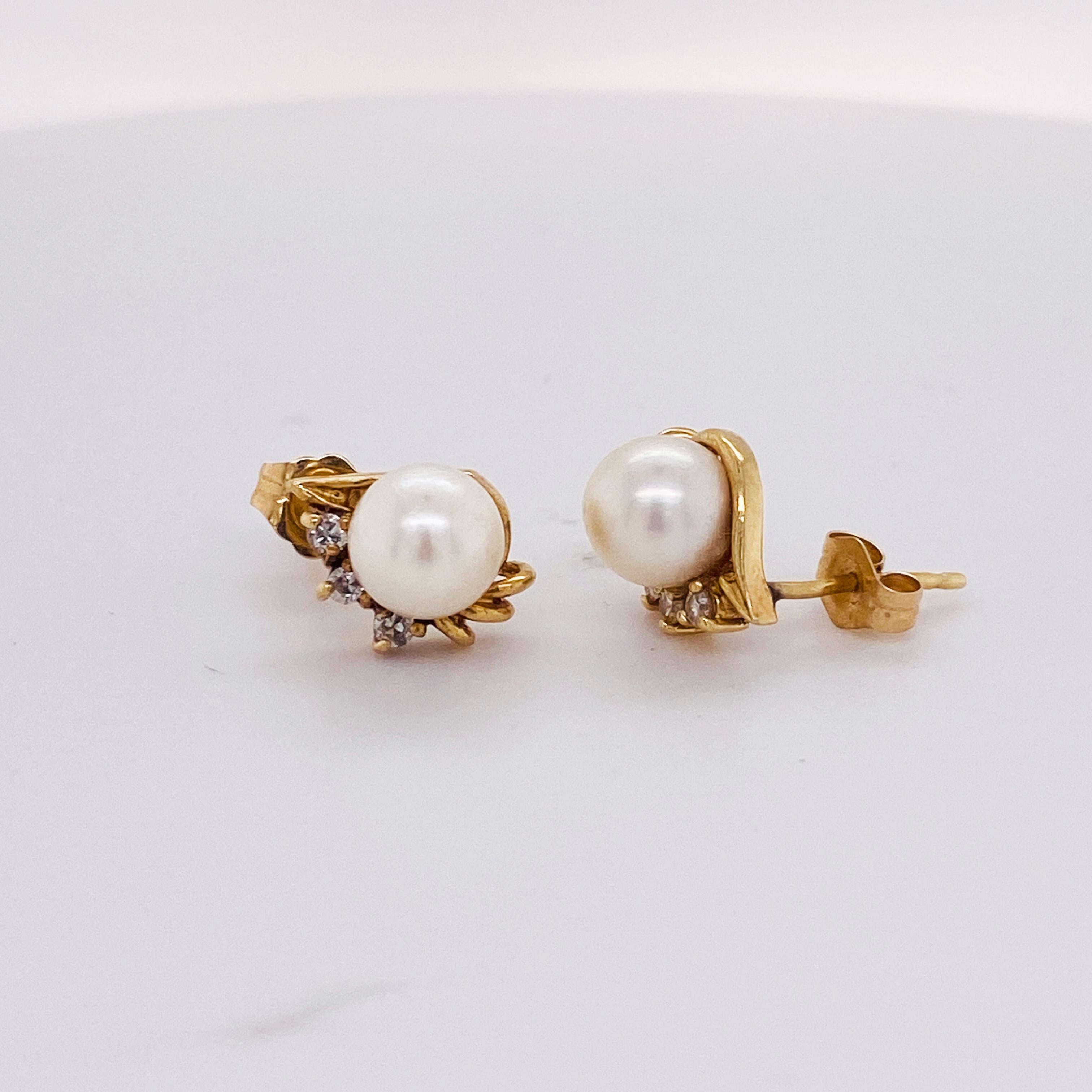 These estate pearl post earrings have lots of personalities. The pearl is adorned with three diamonds around each and has a secure 14-karat yellow gold base with three prongs on each diamond. The diamonds are nice quality at VS clarity and Near