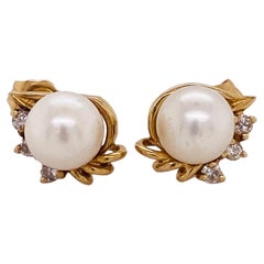 Pearl Diamond Earrings Custom Designed Post Stud Earrings Medium Size