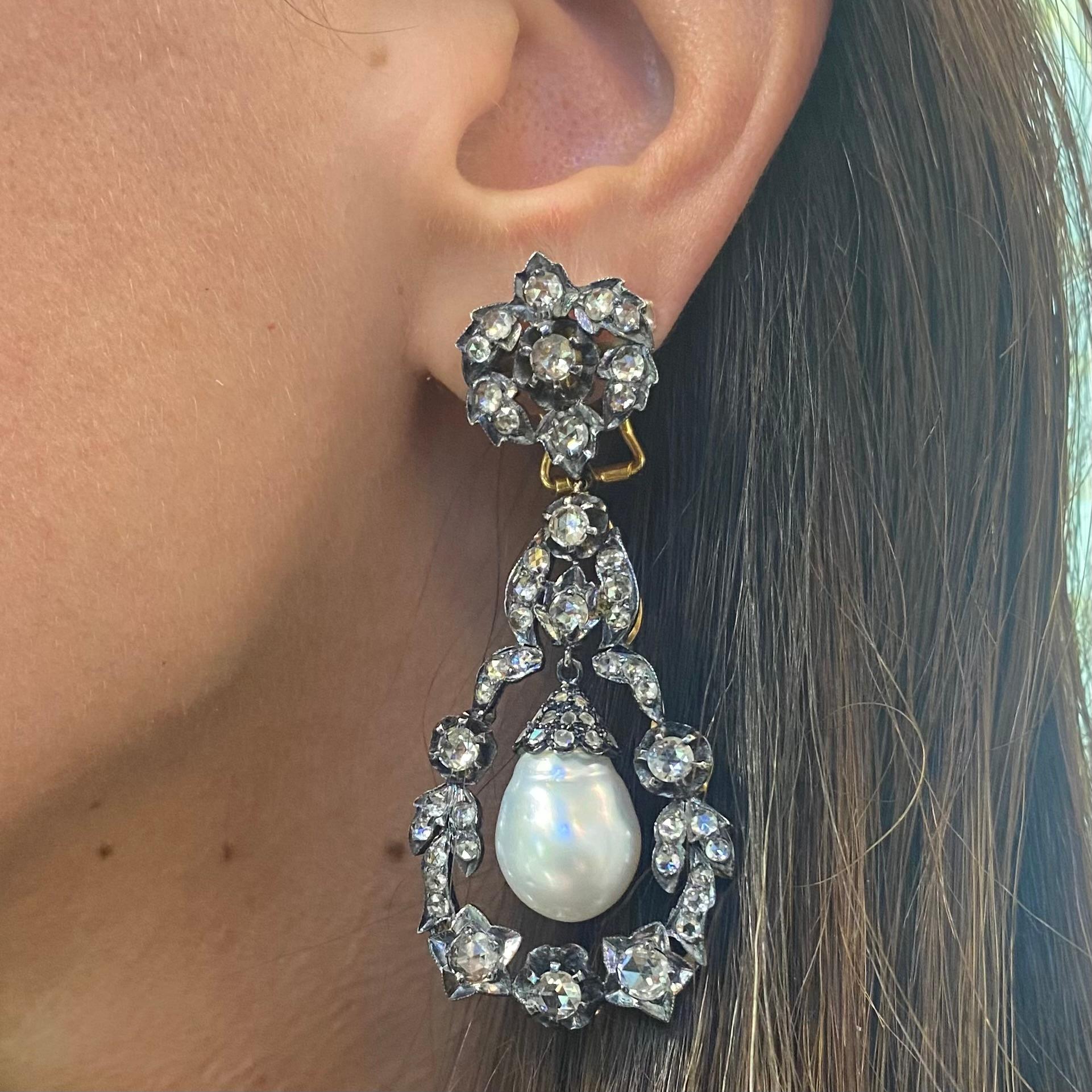 Single Cut Pearl & Diamond Earrings For Sale