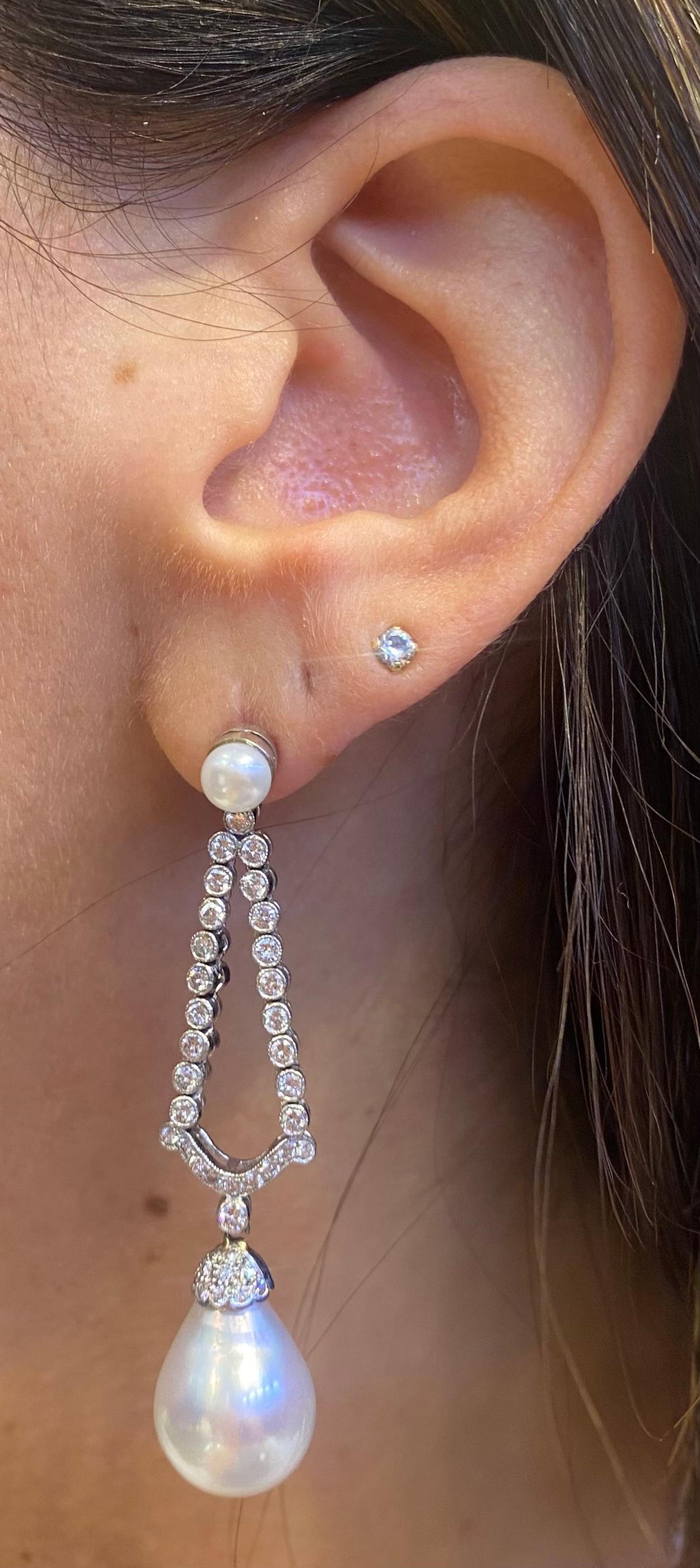 Round Cut Pearl & Diamond Earrings For Sale