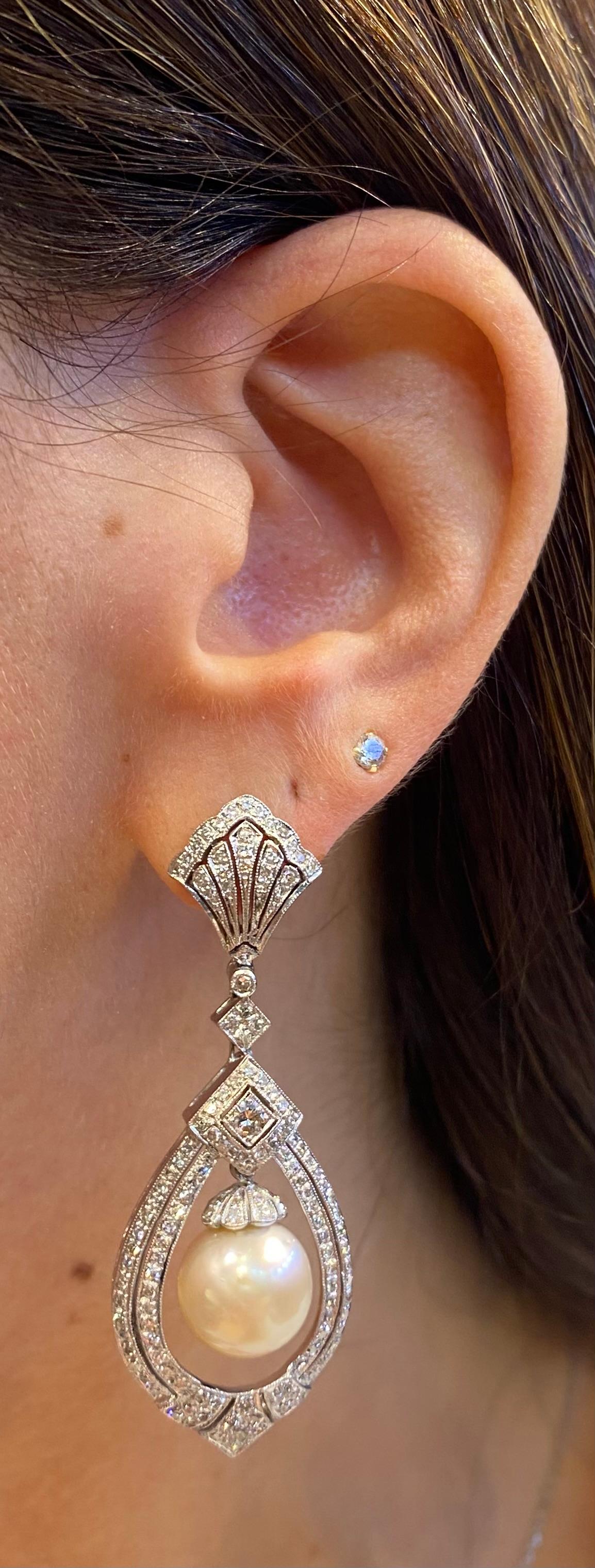 Round Cut Pearl & Diamond Earrings  For Sale