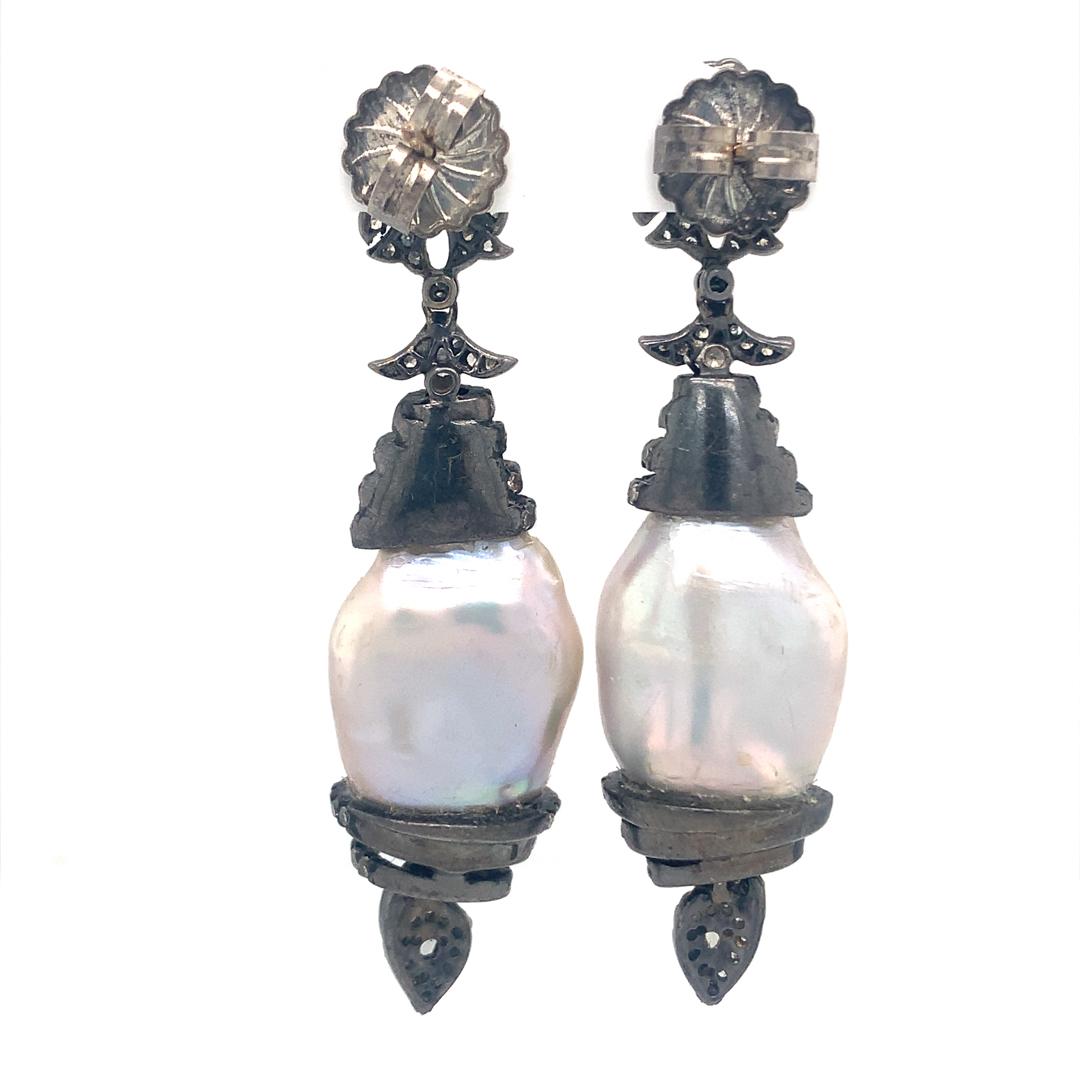 Women's Pearl & Diamond Earrings in Sterling Silver For Sale