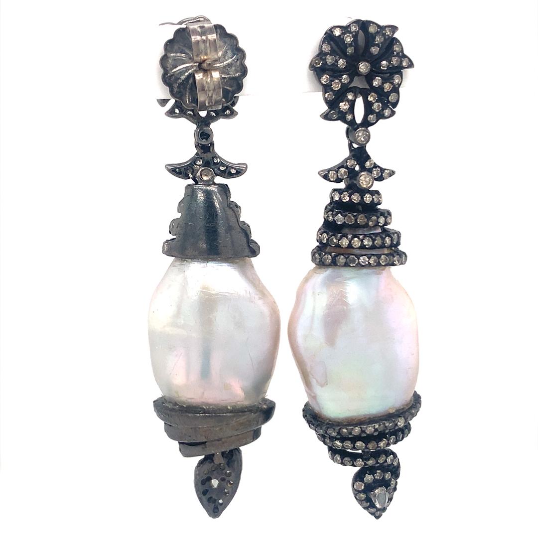 Pearl & Diamond Earrings in Sterling Silver For Sale 1