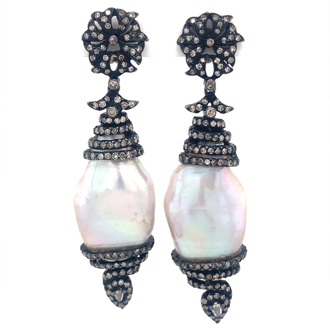 Pearl & Diamond Earrings in Sterling Silver For Sale 2