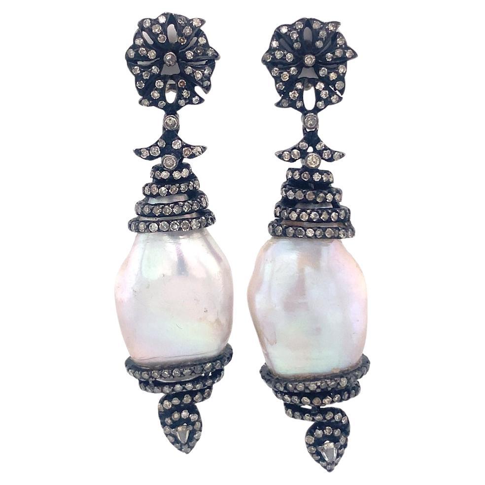 Pearl & Diamond Earrings in Sterling Silver For Sale