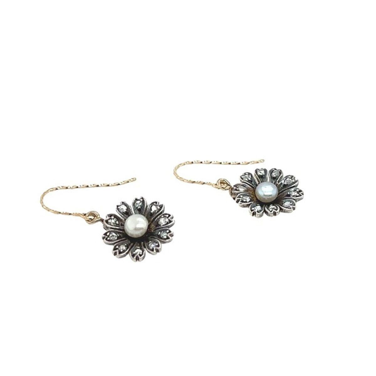 Round Cut Pearl & Diamond Earrings with Victorian Cut Diamonds in 9ct Yellow Gold & Silver