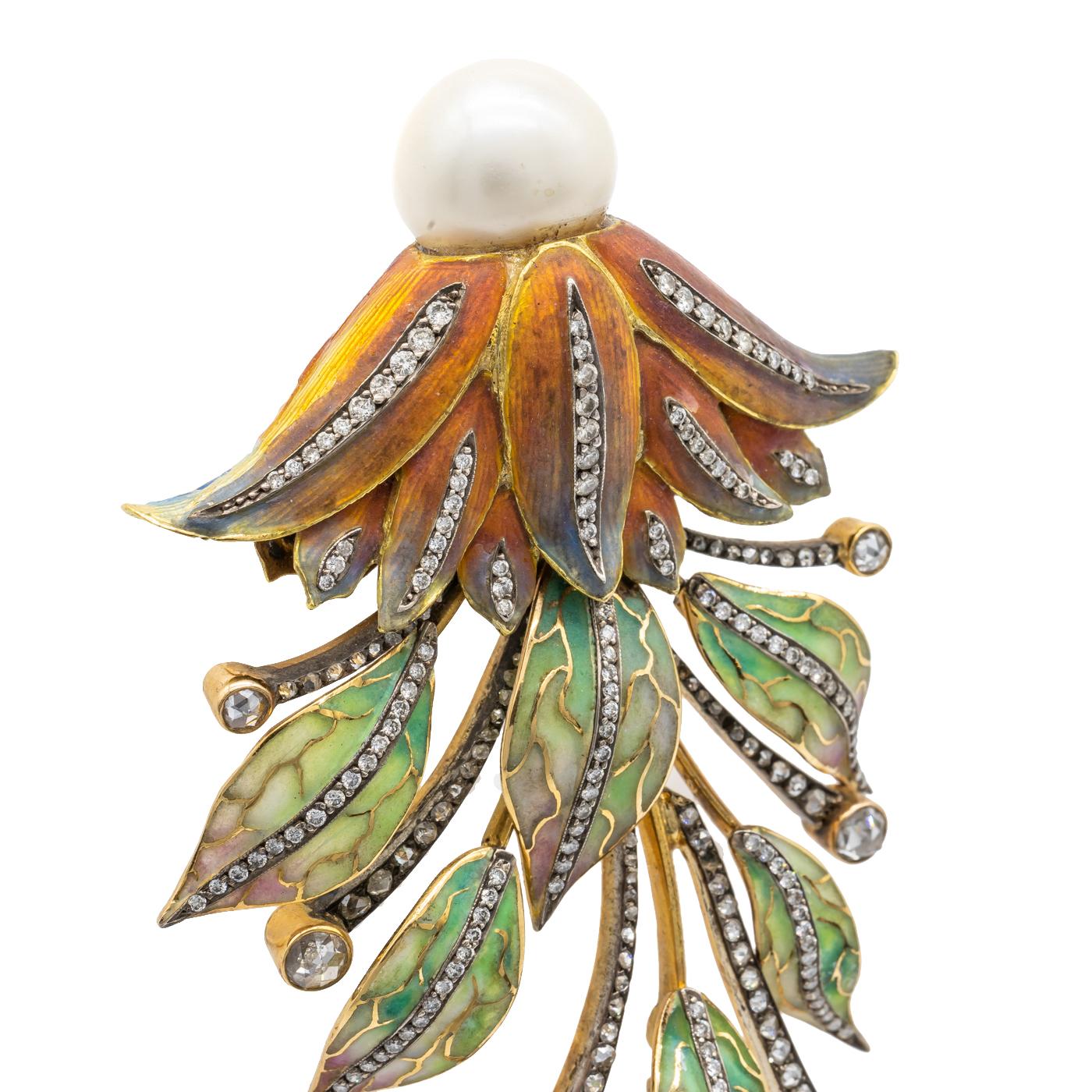 A Moira design articulated flower brooch, set with a pearl bud at the top measuring an estimated 13mm, with turned back orange plique a jour enamel petals with diamond detail, and green enamel and diamond leaves, with rubover set rose cut diamonds