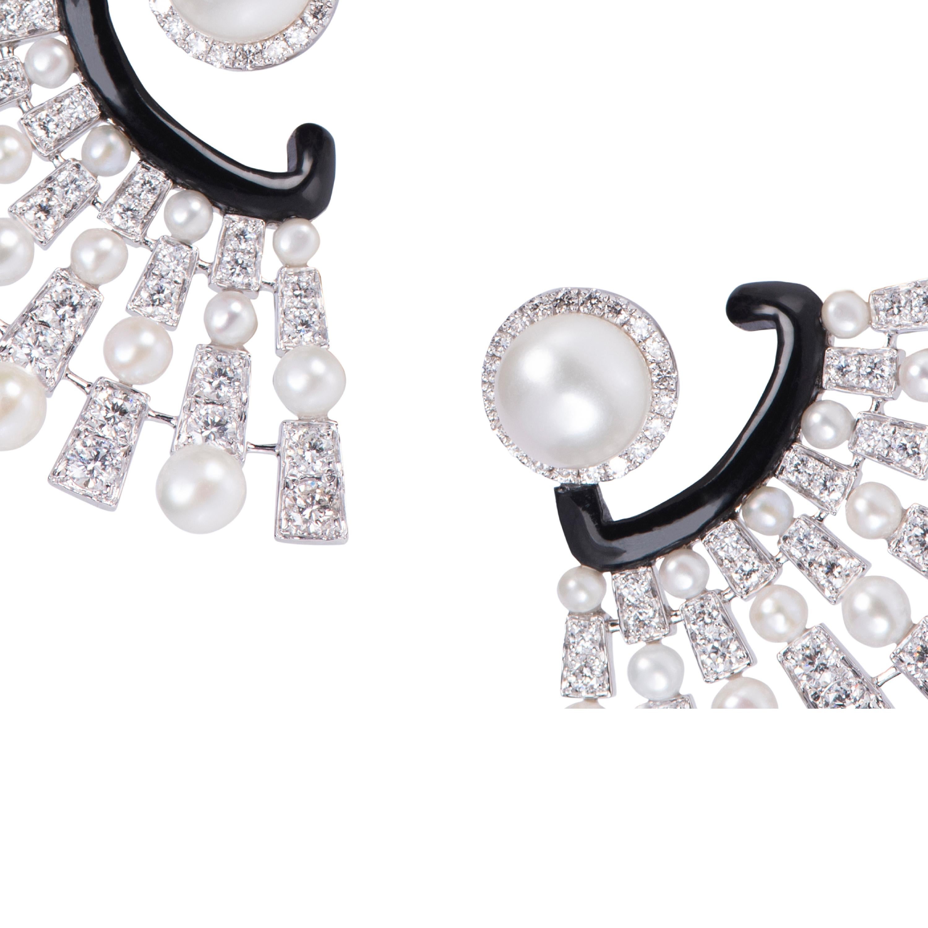 Artisan Pearl Diamond Fan Earring For Sale