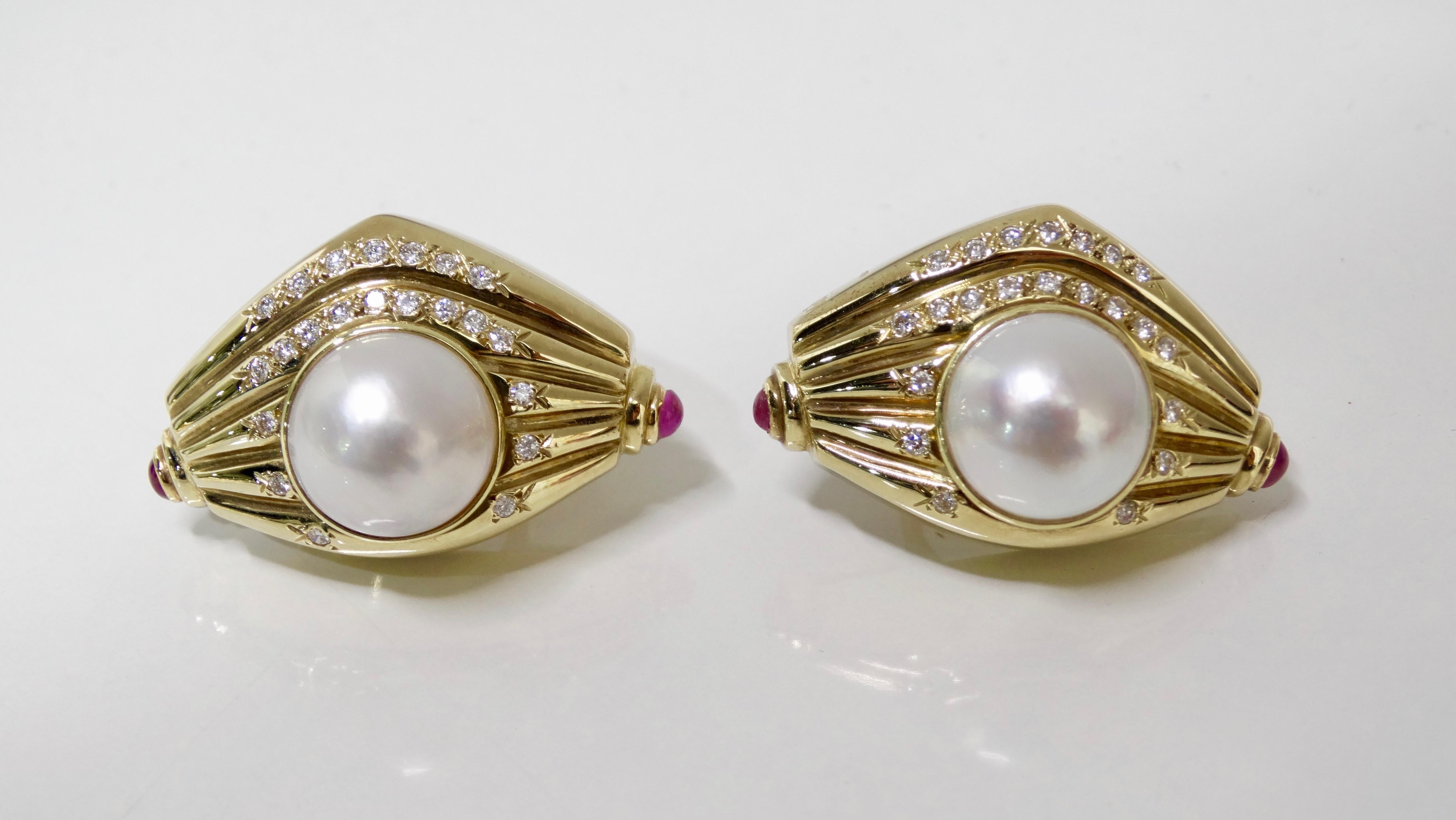 Cabochon Pearl & Diamond French Clip Earrings  For Sale