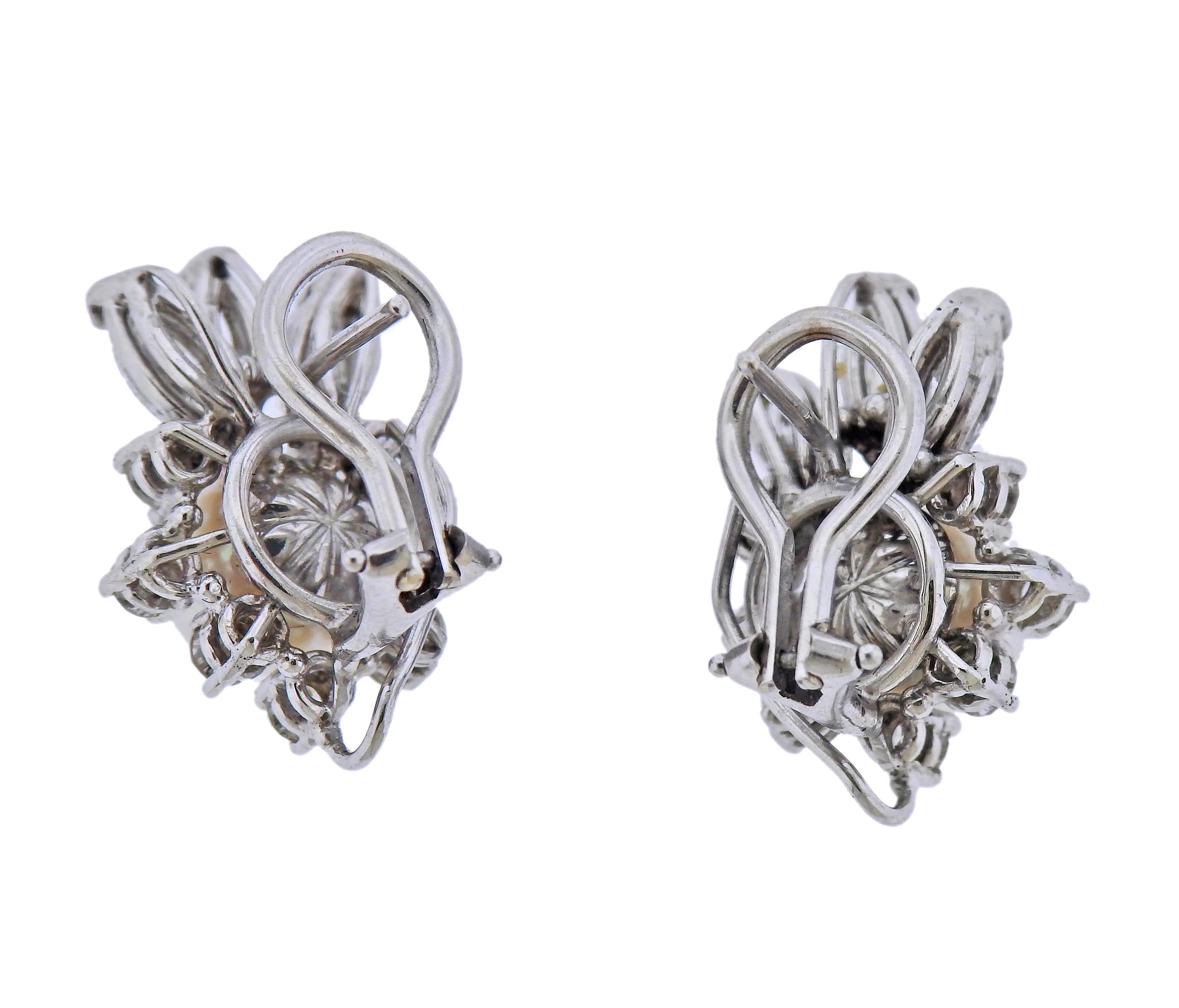 Pair of 18k gold cluster earrings with 7.9-8mm pearls and approx.  2.00ctw in diamonds. Earrings are 22mm x 15mm, have hooks on the bottom to attach drops. Weight - 9.4 grams. 