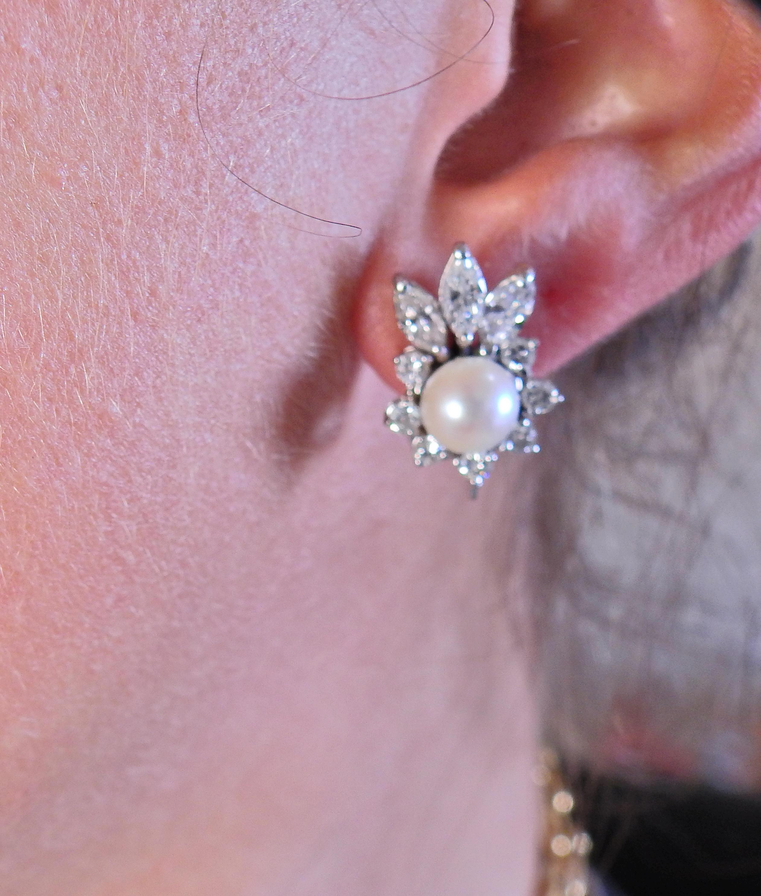 Marquise Cut Pearl Diamond Gold Cluster Earrings For Sale