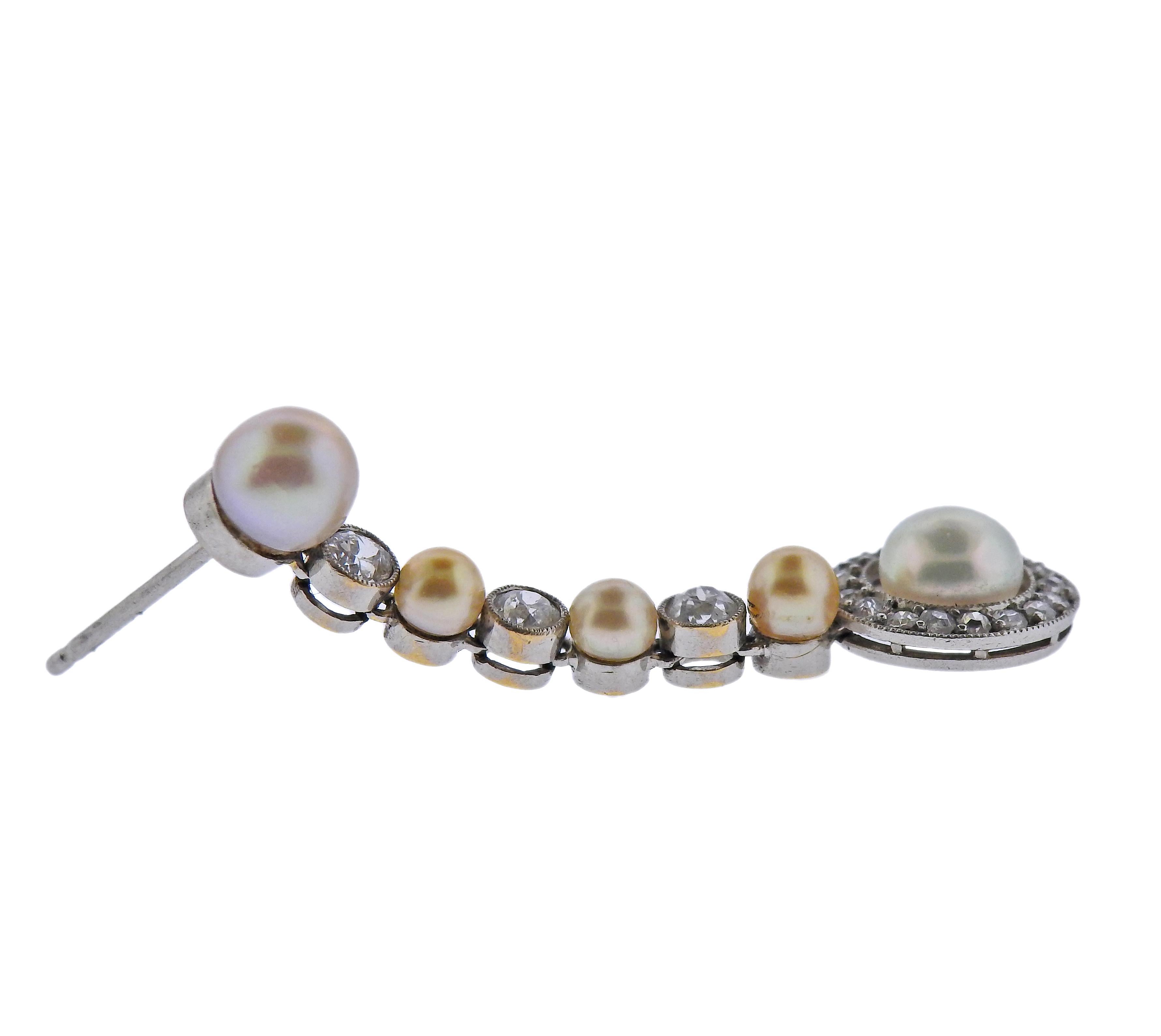Taille ronde Pendants d'oreilles en or avec perles et diamants en vente