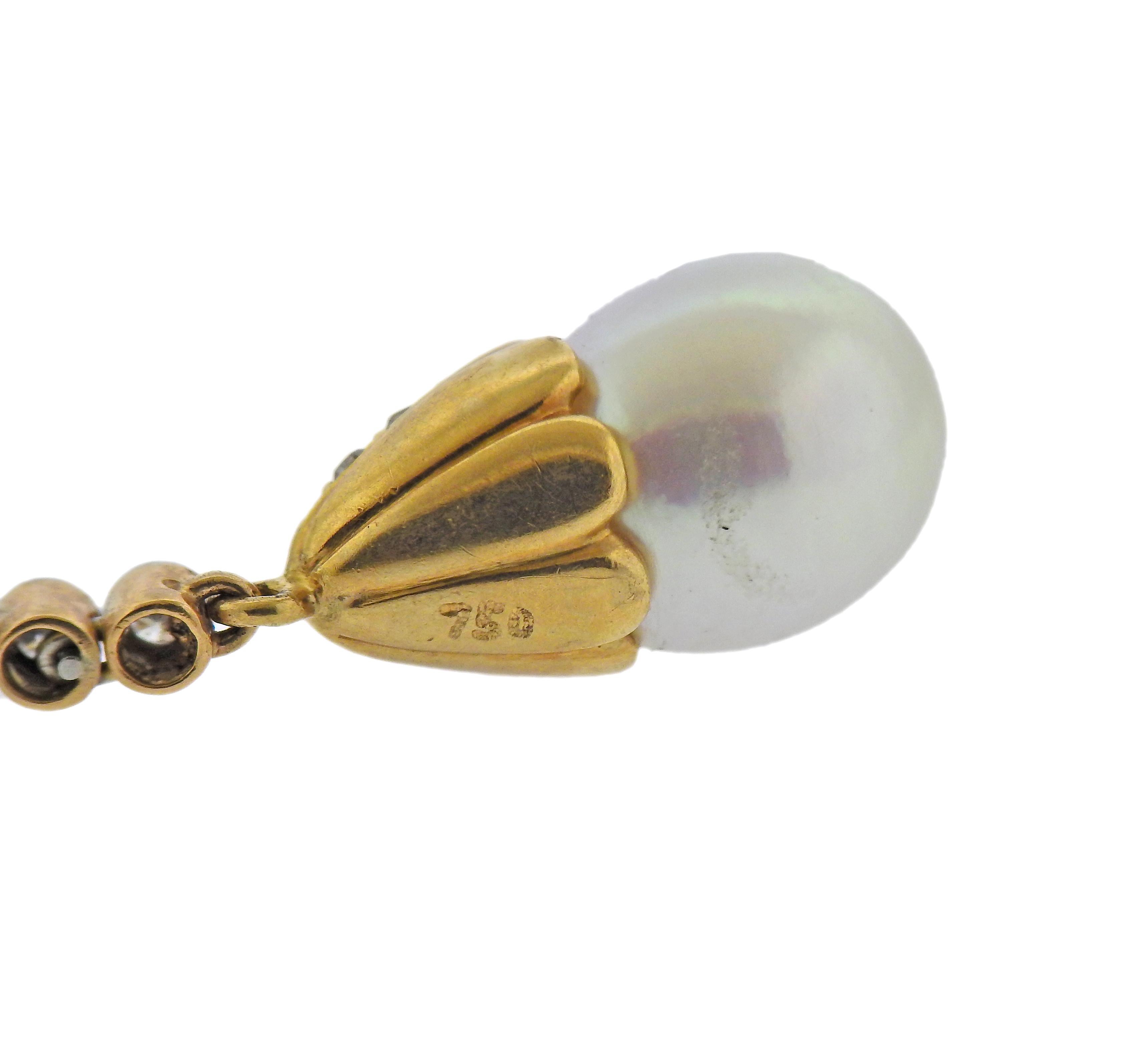 Perlen-Diamant-Gold-Tropfen-Ohrringe (Rundschliff) im Angebot