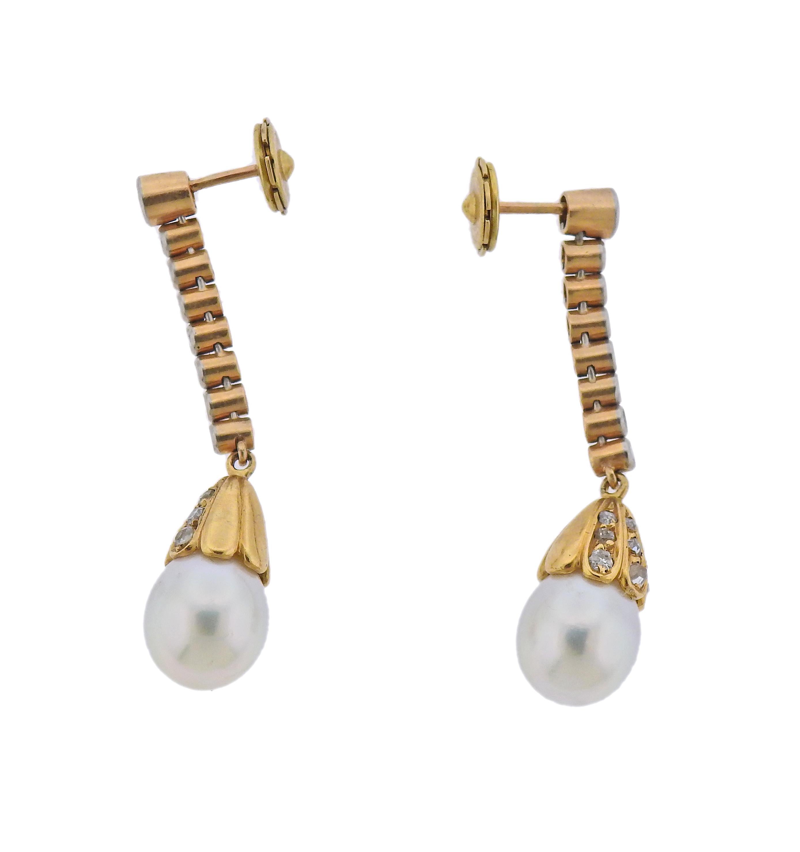 Perlen-Diamant-Gold-Tropfen-Ohrringe im Zustand „Hervorragend“ im Angebot in New York, NY