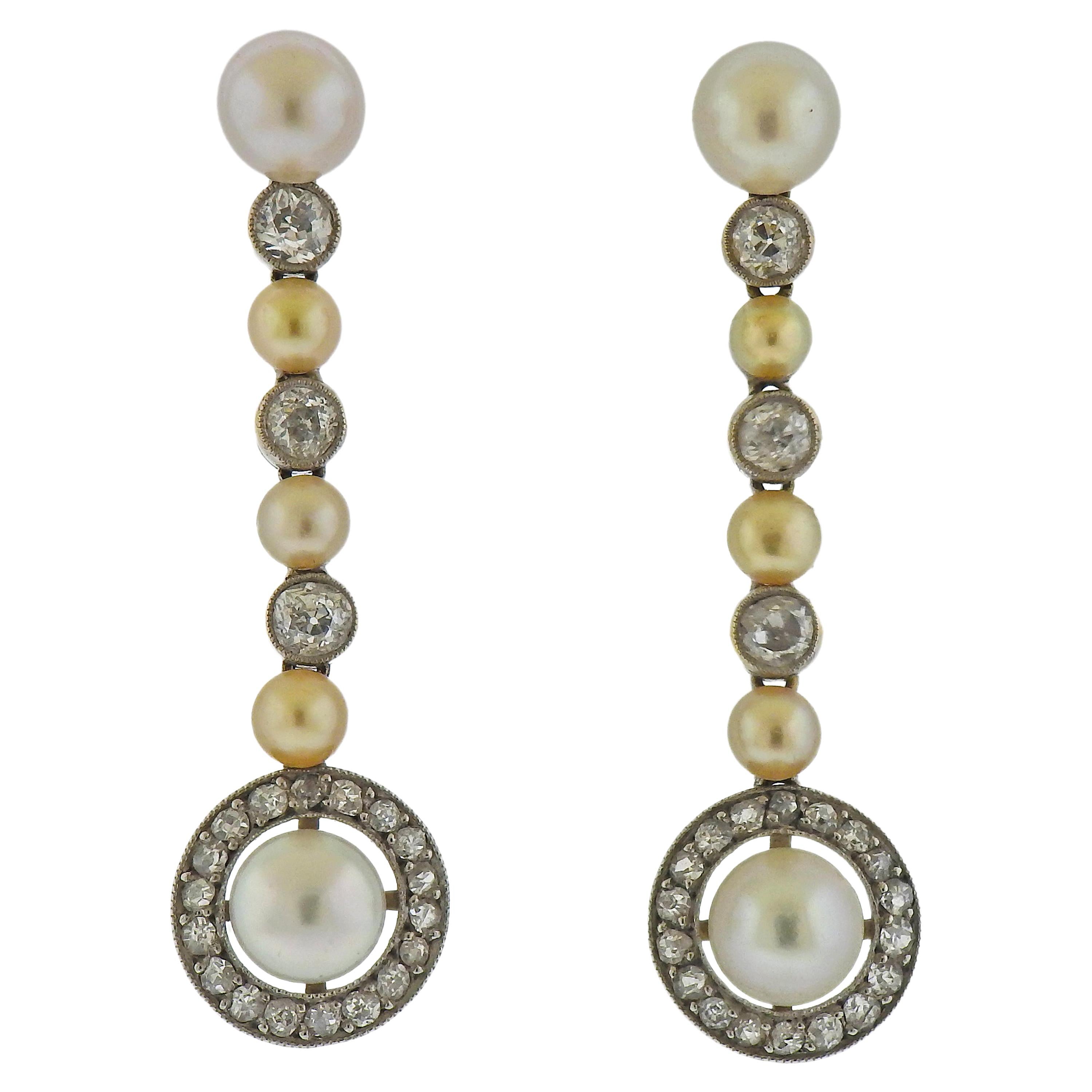 Pearl Diamond Gold Drop Earrings For Sale