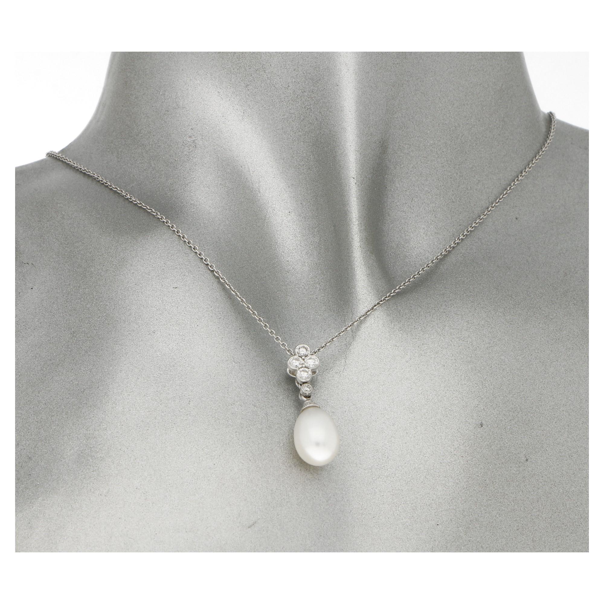 Women's or Men's Pearl, Diamond & Gold Drop Pendant on Chain