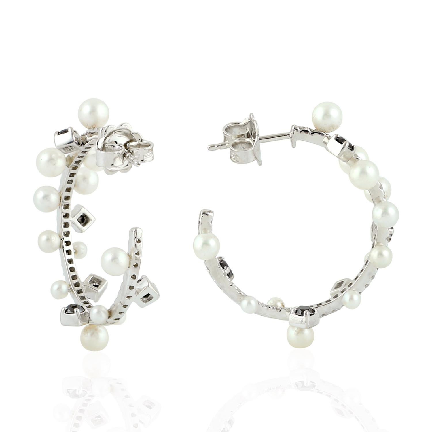 Contemporary Pearl Diamond Gold Hoop Earrings For Sale