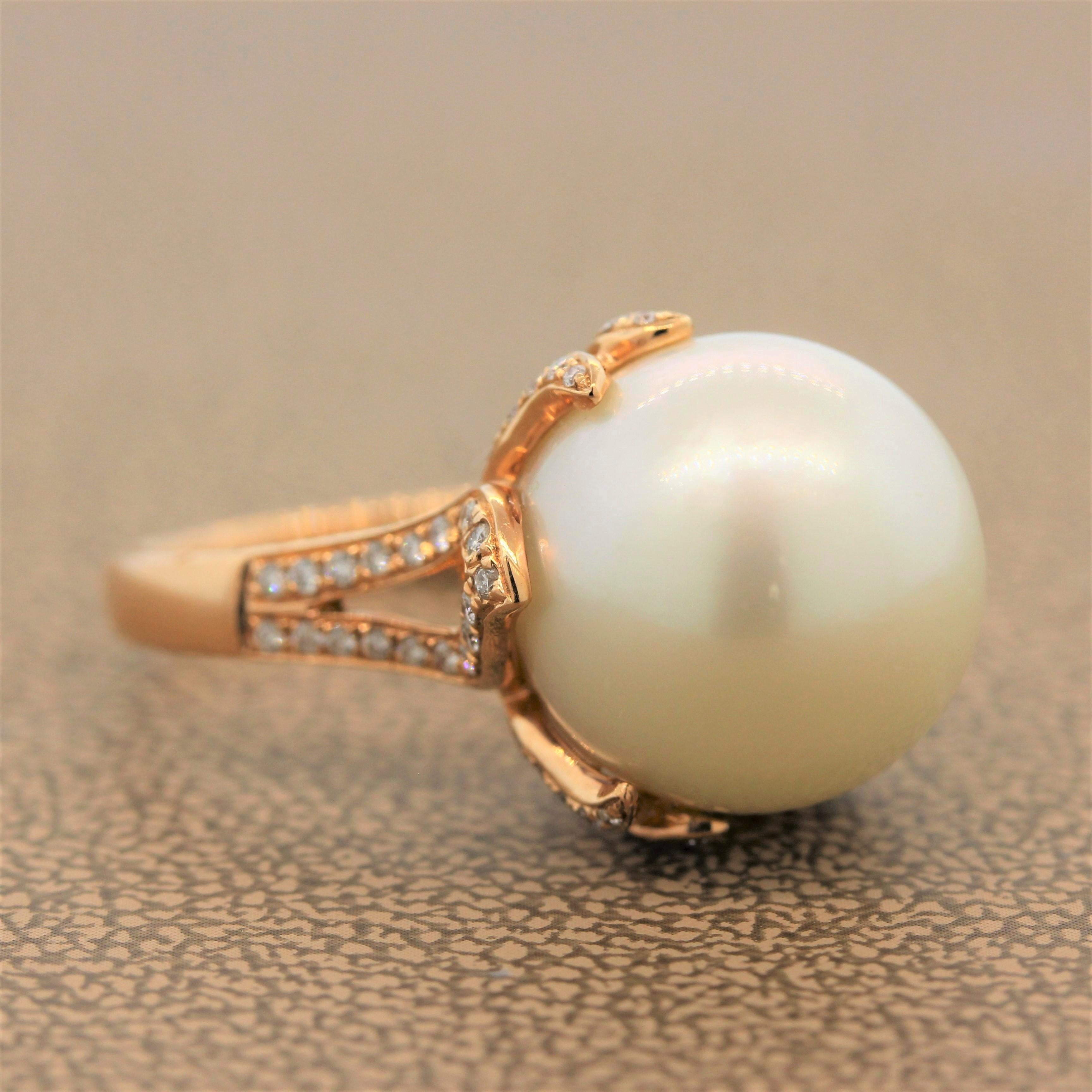 A wondrous iridescent 12.5mm pearl sits in a lotus design ring. The split shank ring is studded with 0.48 carats of round cut diamonds in an 18K rose gold setting. A feminine ring for every day.

Ring Size 6.25 (Sizable)
