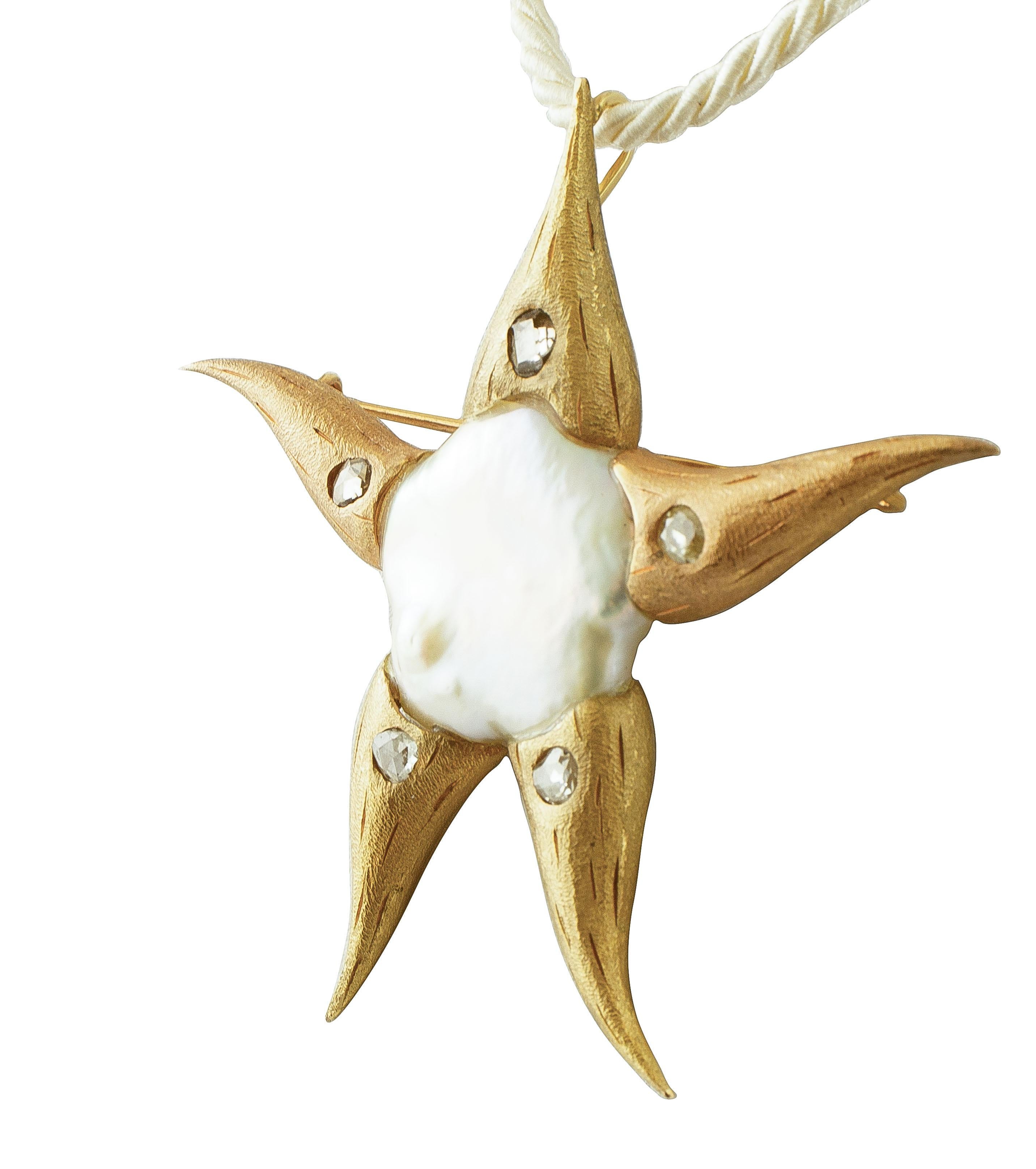 Retro Pearl Diamond Gold Starfish Brooch