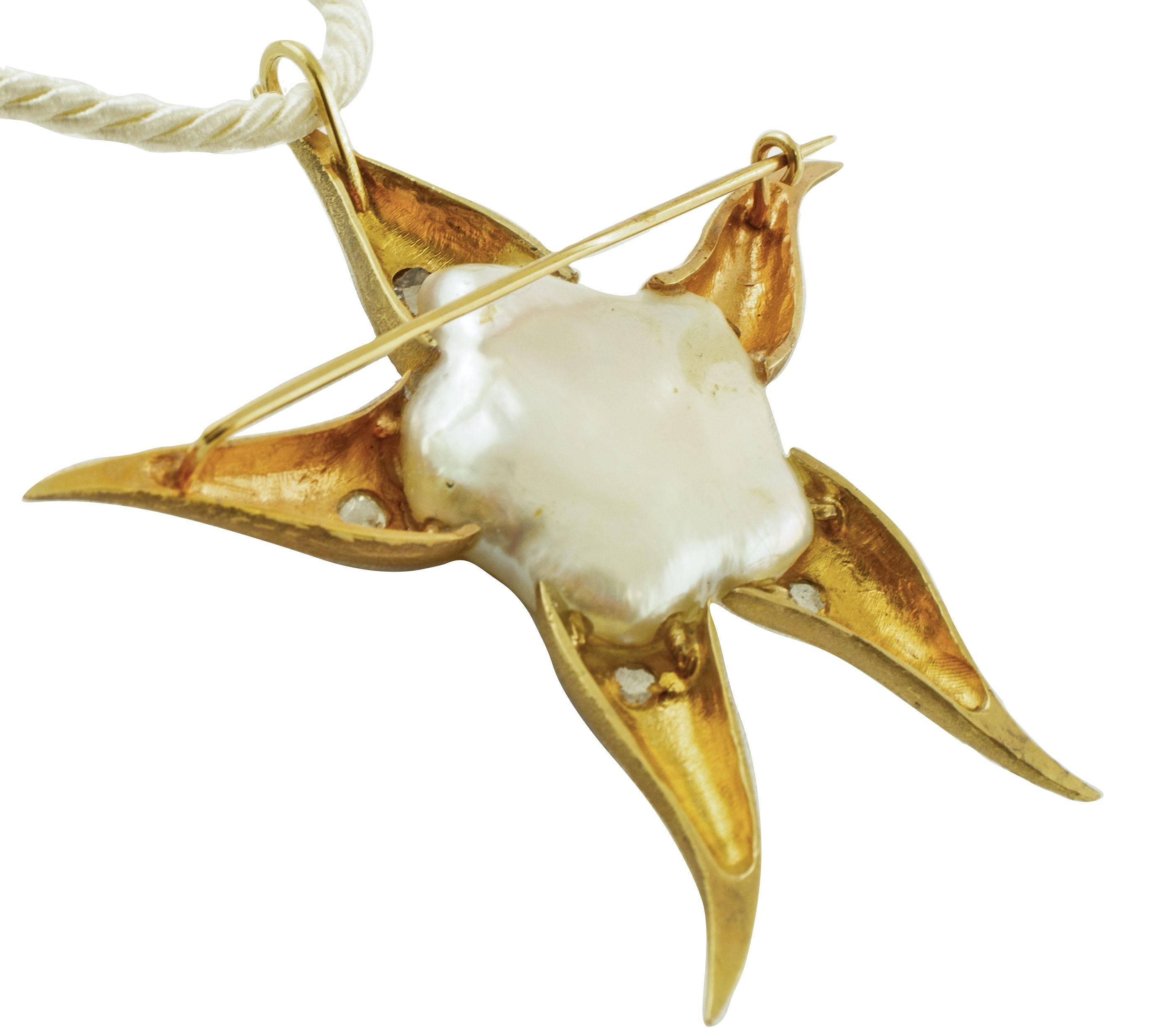 Pearl Diamond Gold Starfish Brooch In Good Condition In Marcianise, Marcianise (CE)