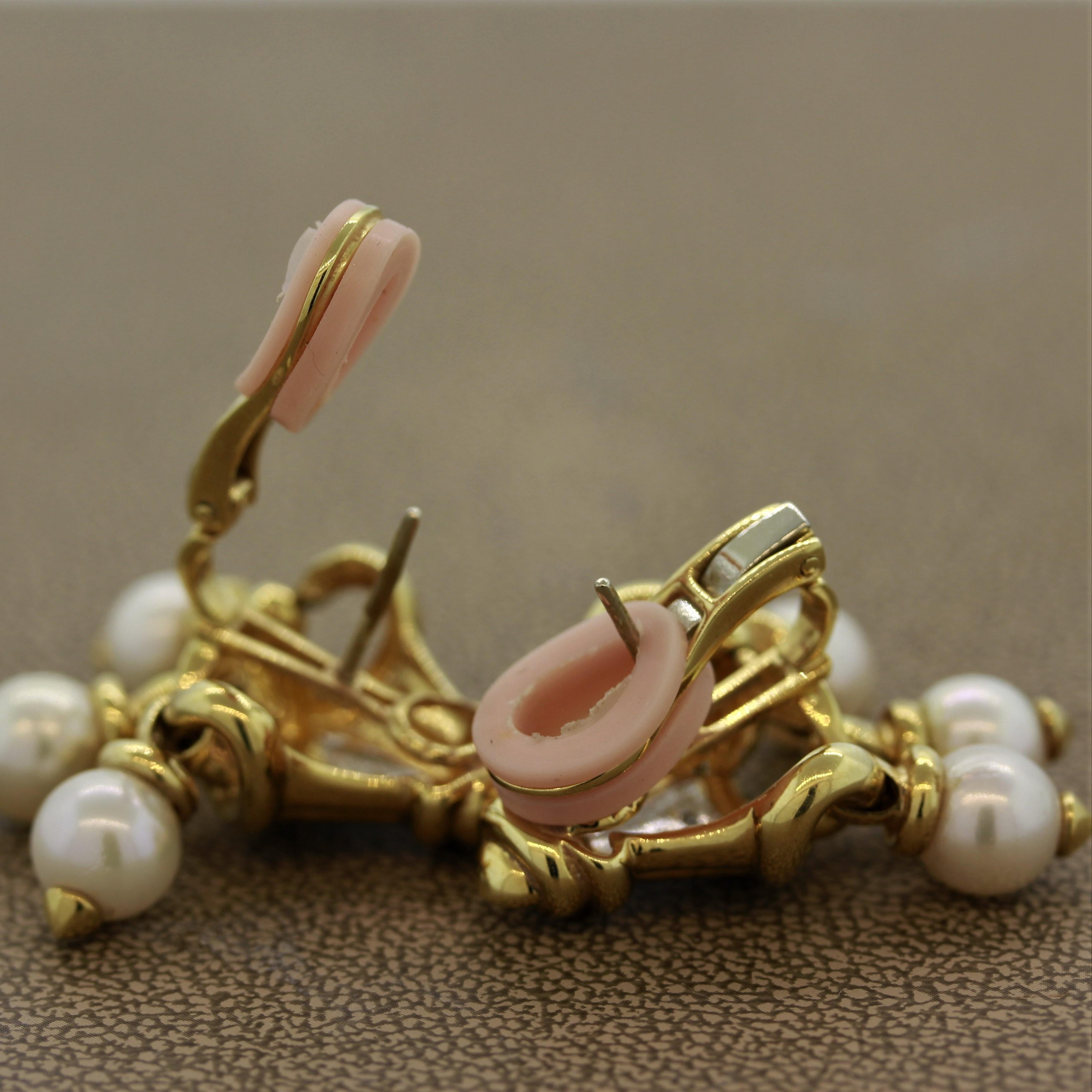 Women's Pearl Diamond Gold Tassel Earrings For Sale