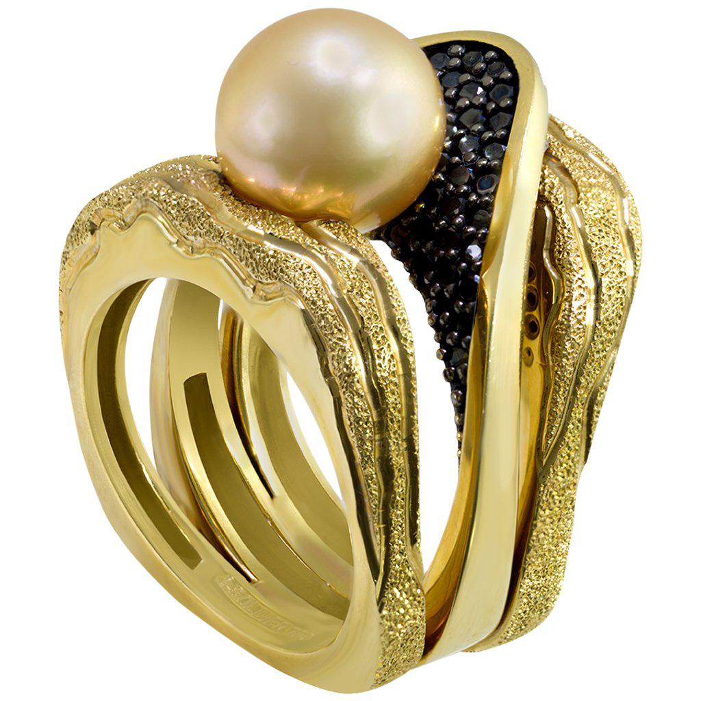 Trinity Pearl Ring by Alex Soldier: 18 karat yellow gold ring with 9 mm Akoya golden pearl, black diamonds (0.5 ct.) and signature metalwork that creates an illusion of inner sparkle. Handmade in NYC. One of a kind. Size: 6.5. Complimentary ring