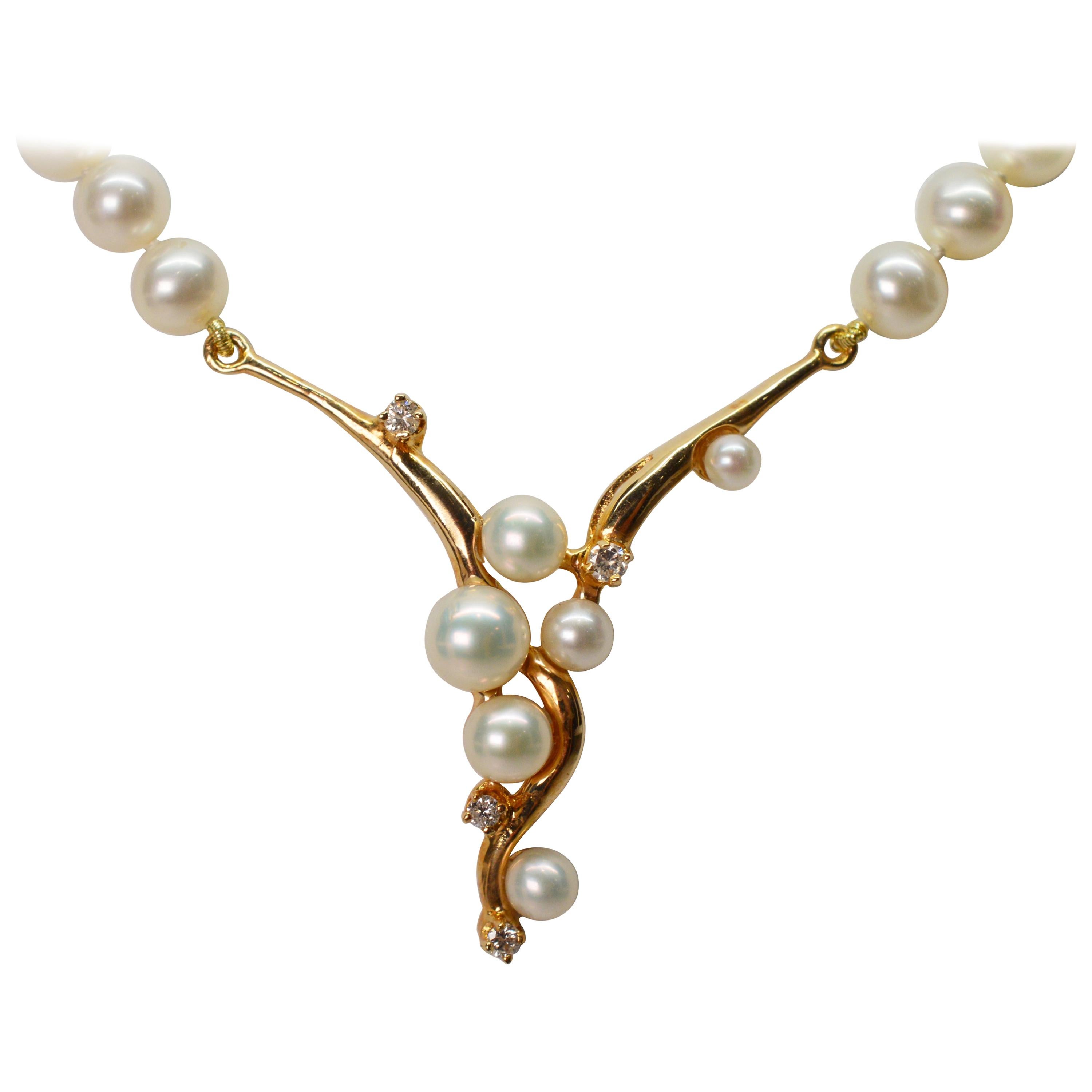 Pearl Diamond Accented Gold V Drop Pendant Pearl Strand Necklace For Sale