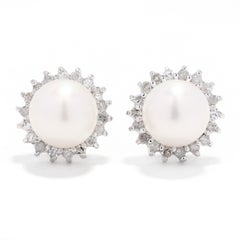 Pearl Diamond Halo Earrings, 14K White Gold, Length 3/8 Inch