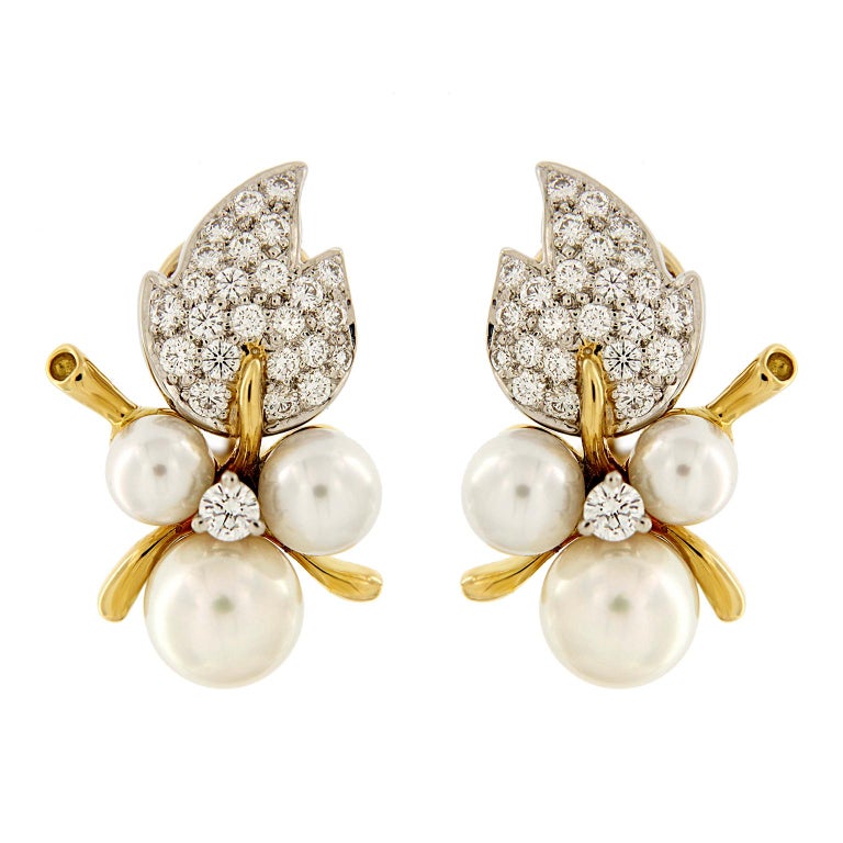 Pearl Diamond Leaf Earrings For Sale at 1stdibs
