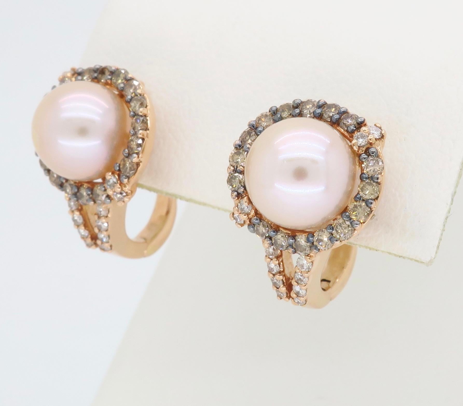 Pearl and Diamond Lever-Back Earrings In Excellent Condition In Webster, NY