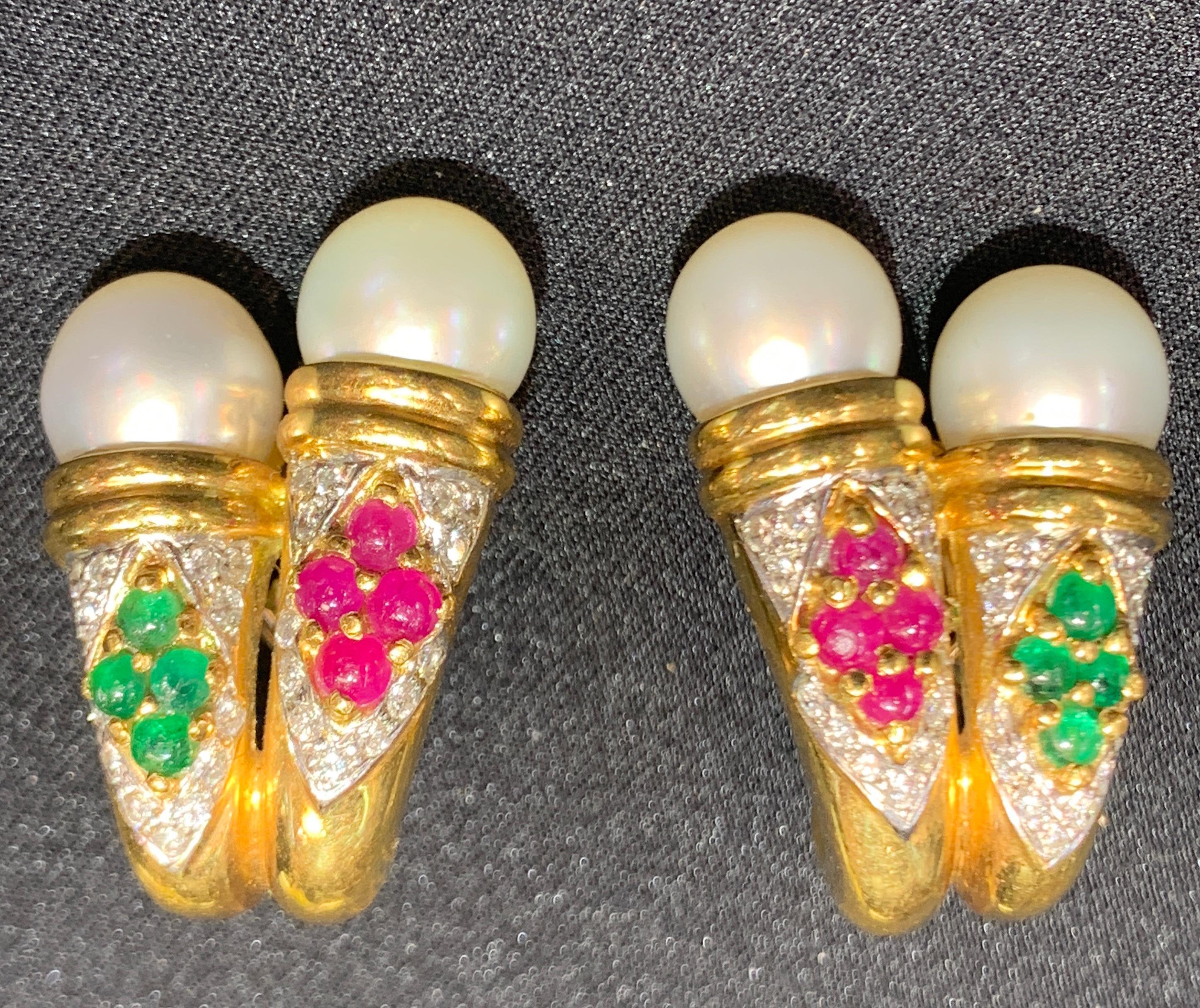 Pearl & Diamond Multi Gem Earrings 
18K Yellow Gold 
4 White Pearls 
52 diamonds
8 Rubies
8 Emeralds
Back Type: Clip On 
Measurements: 1