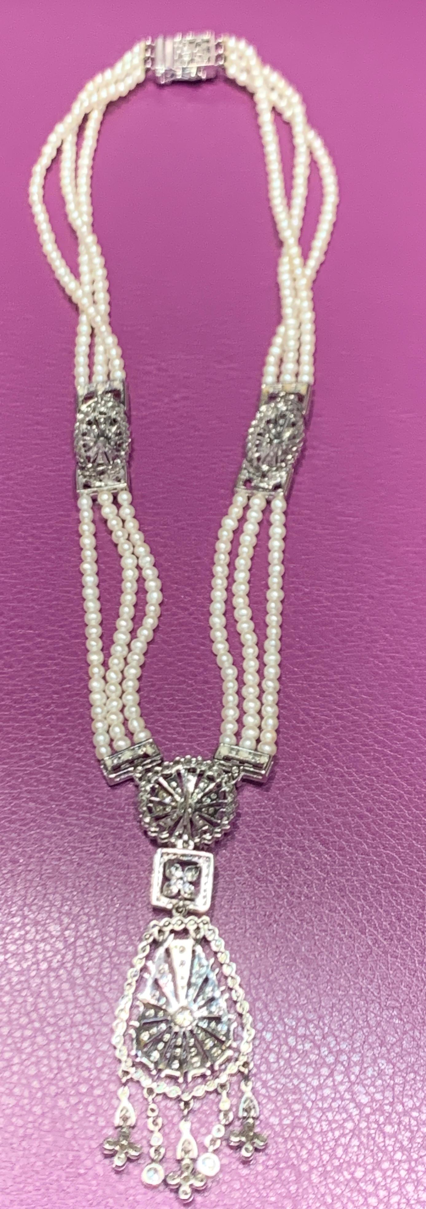 Round Cut Pearl and Diamond Multi Strand Drop Necklace For Sale