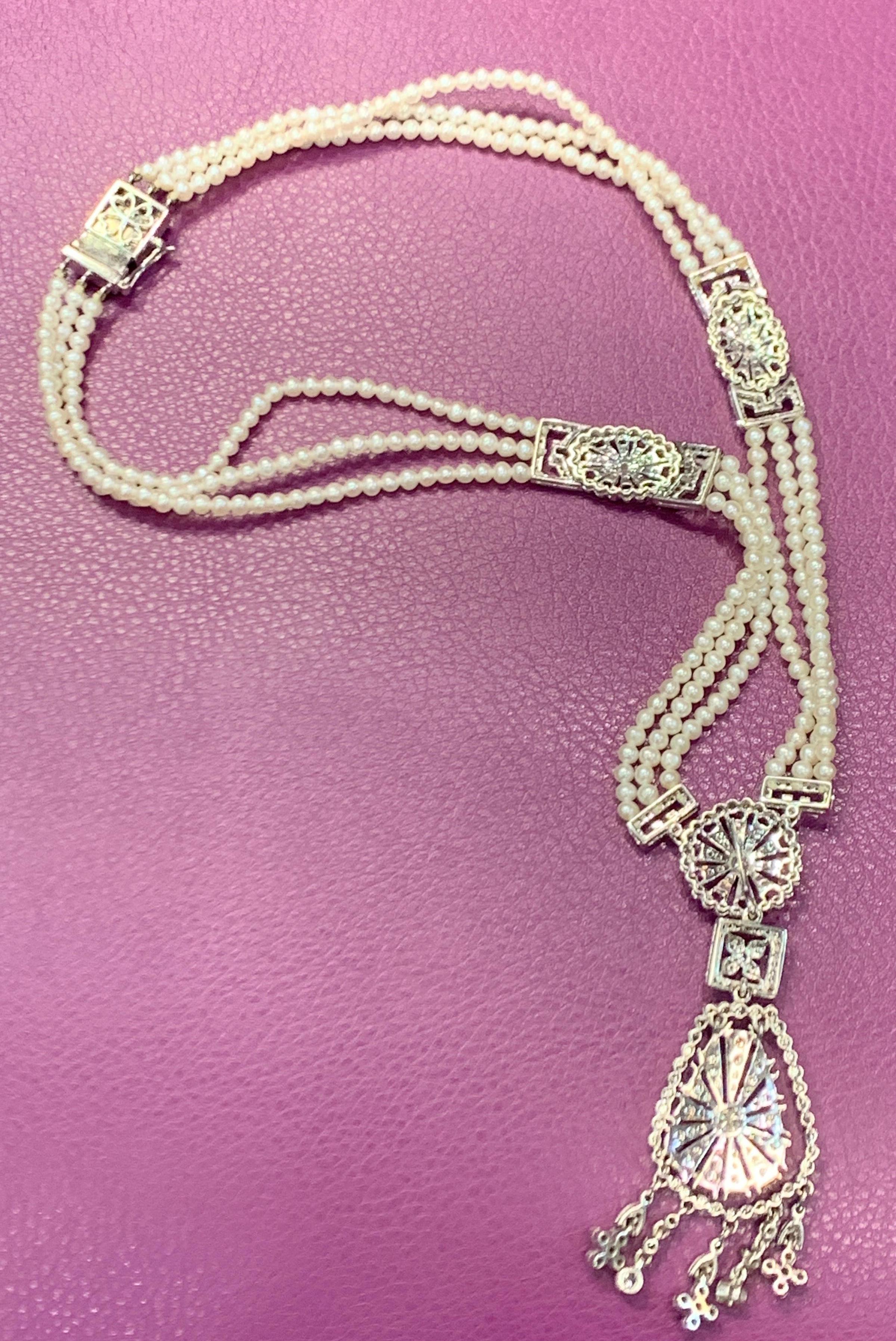 Pearl and Diamond Multi Strand Drop Necklace In Excellent Condition For Sale In New York, NY