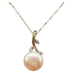 Pearl Diamond Necklace 10K Yellow Gold 8.3mm 0.03ctw New