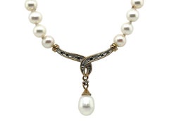 Pearl Diamond Necklace 5mm Pearl 16 Inch Pink/White Strand of Pearls Yellow Gold