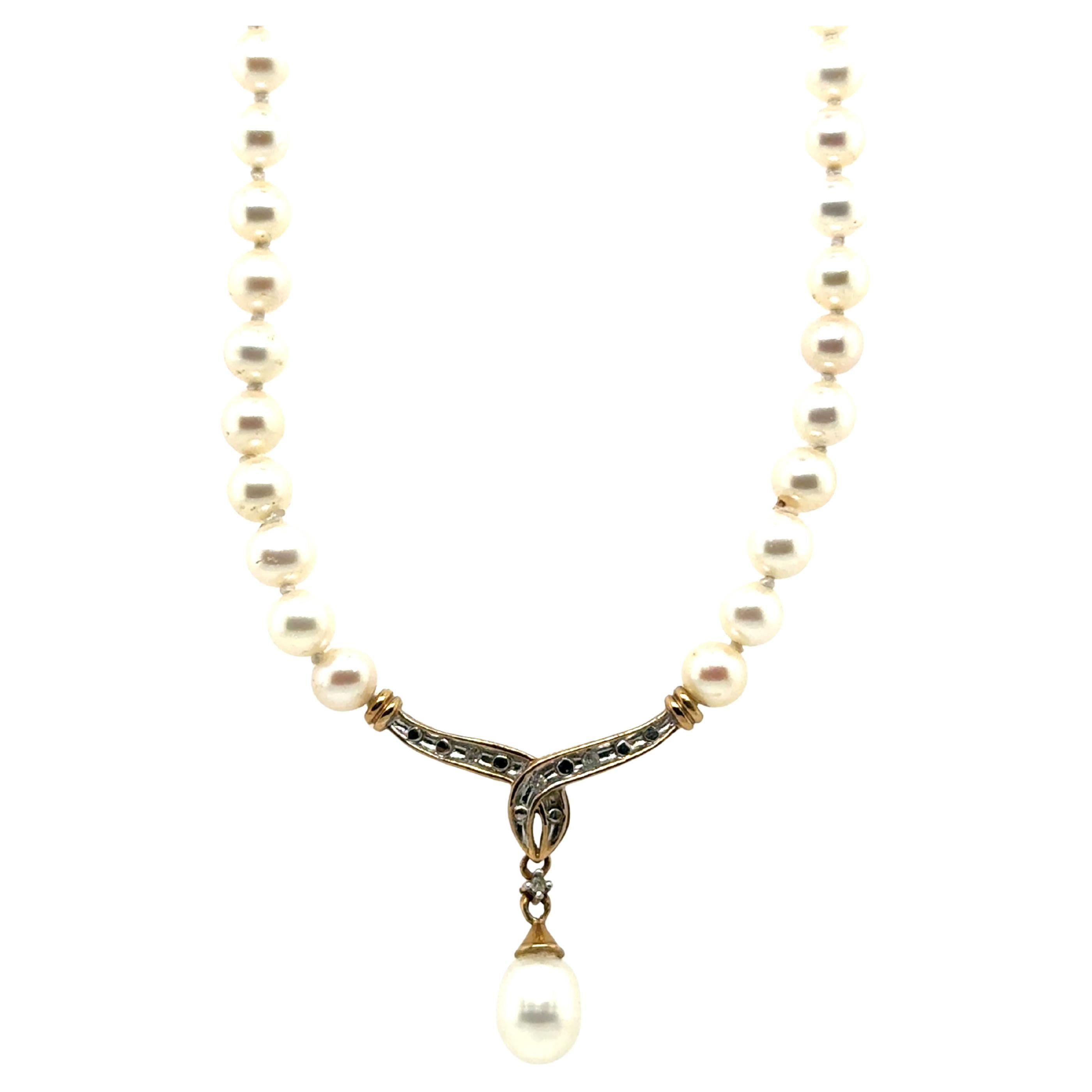 Pearl Diamond Necklace 5mm Pearl 16 Inch Pink/White Strand of Pearls Yellow Gold