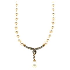 Pearl Diamond Necklace 5mm Pearl 16 Inch Pink/White Strand of Pearls Yellow Gold
