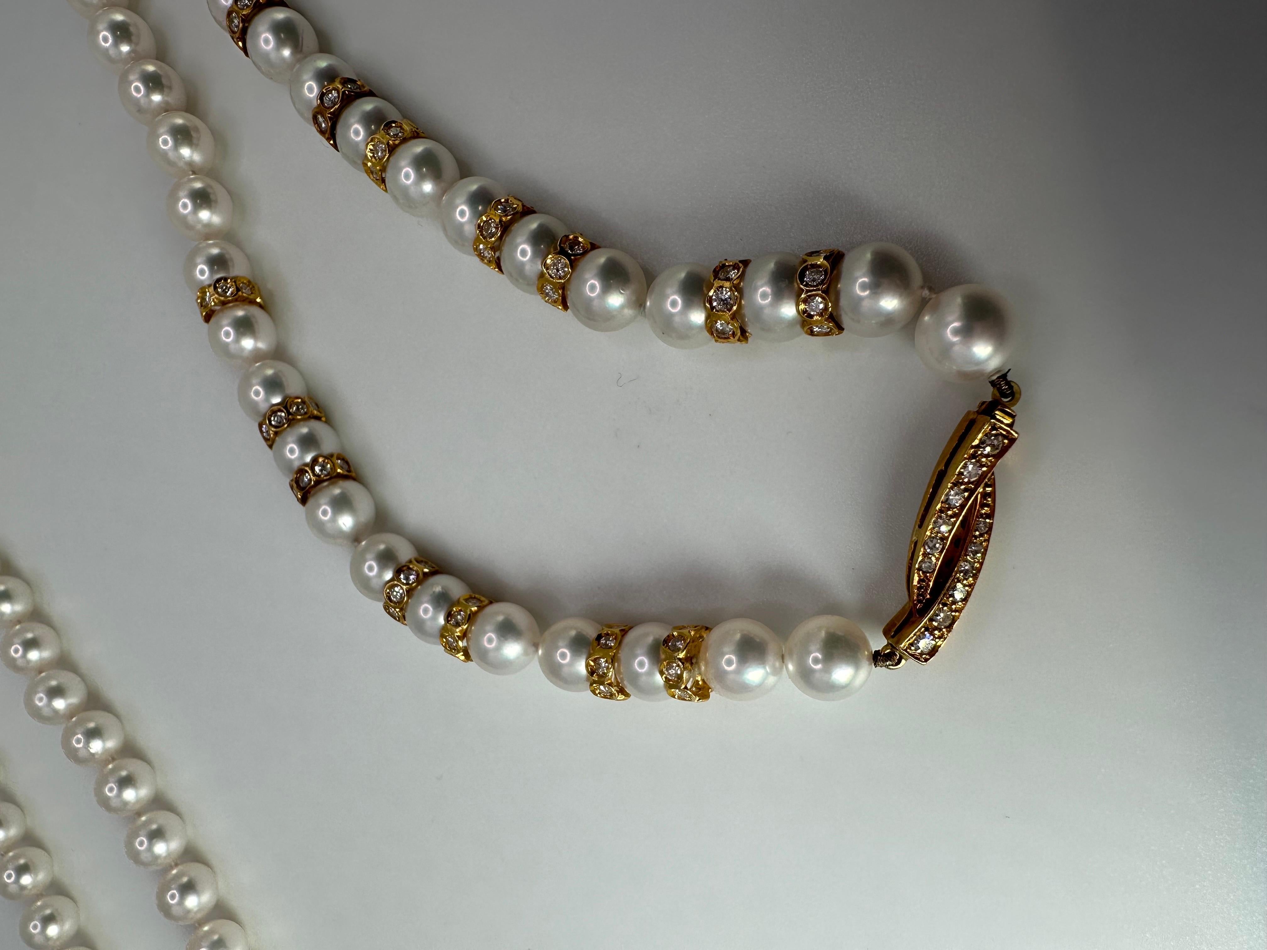 Brilliant Cut Pearl Diamond Necklace Extra Long Natural Akoya Pearls Strand 18 Karat Rare For Sale