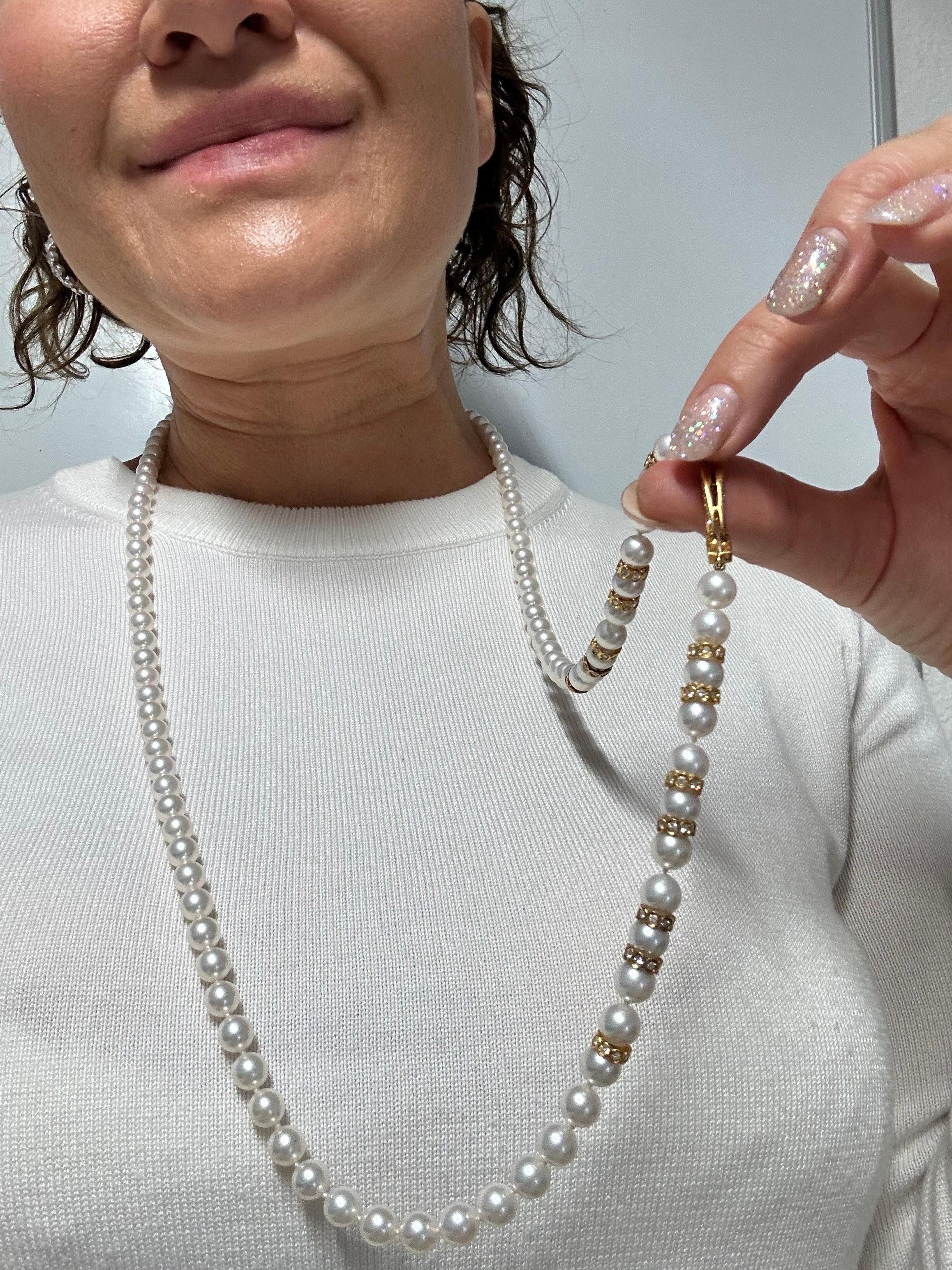 Perlen-Diamant-Halskette extralang natürliche AKOYA Perlen-Perlenstrang 18KT 36