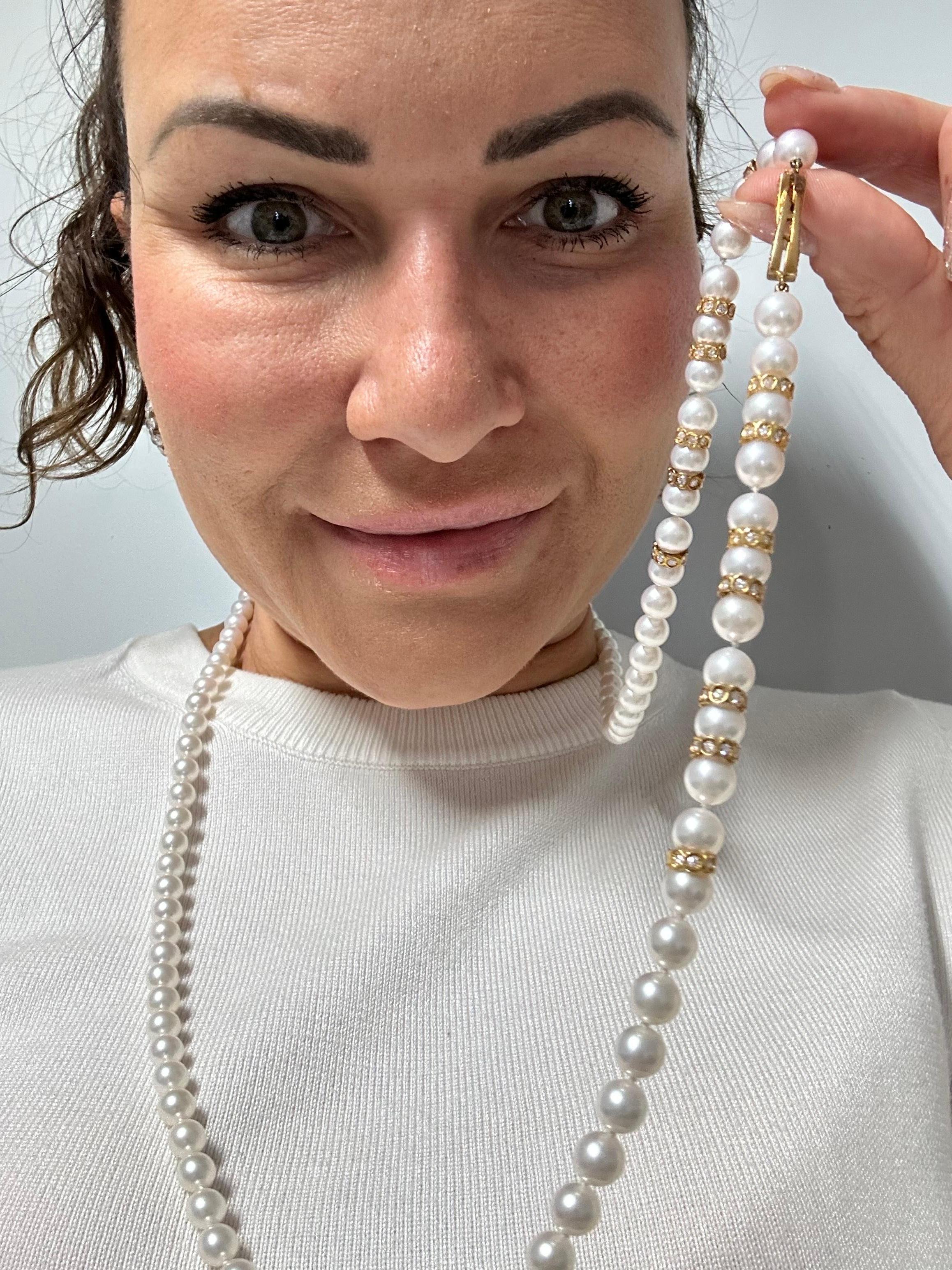 Pearl Diamond Necklace Extra Long Natural Akoya Pearls Strand 18 Karat Rare For Sale 1