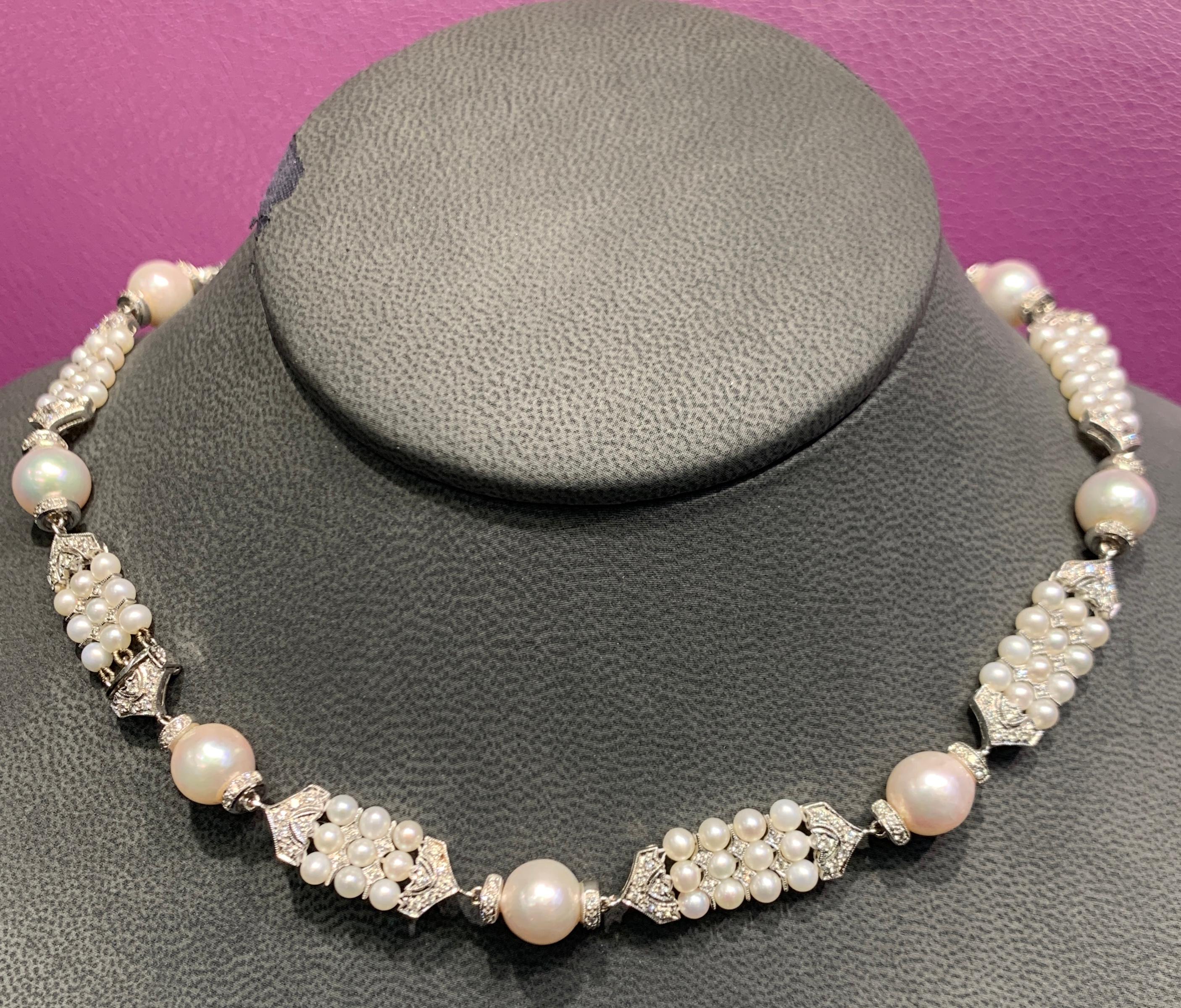 Pearl & Diamond Necklace, 18K White Gold 
9 Large Size Cultured Pearls 
111 Small Cultured Pearls
Diamond Weight: 2.26 Cts
Measurements: 16