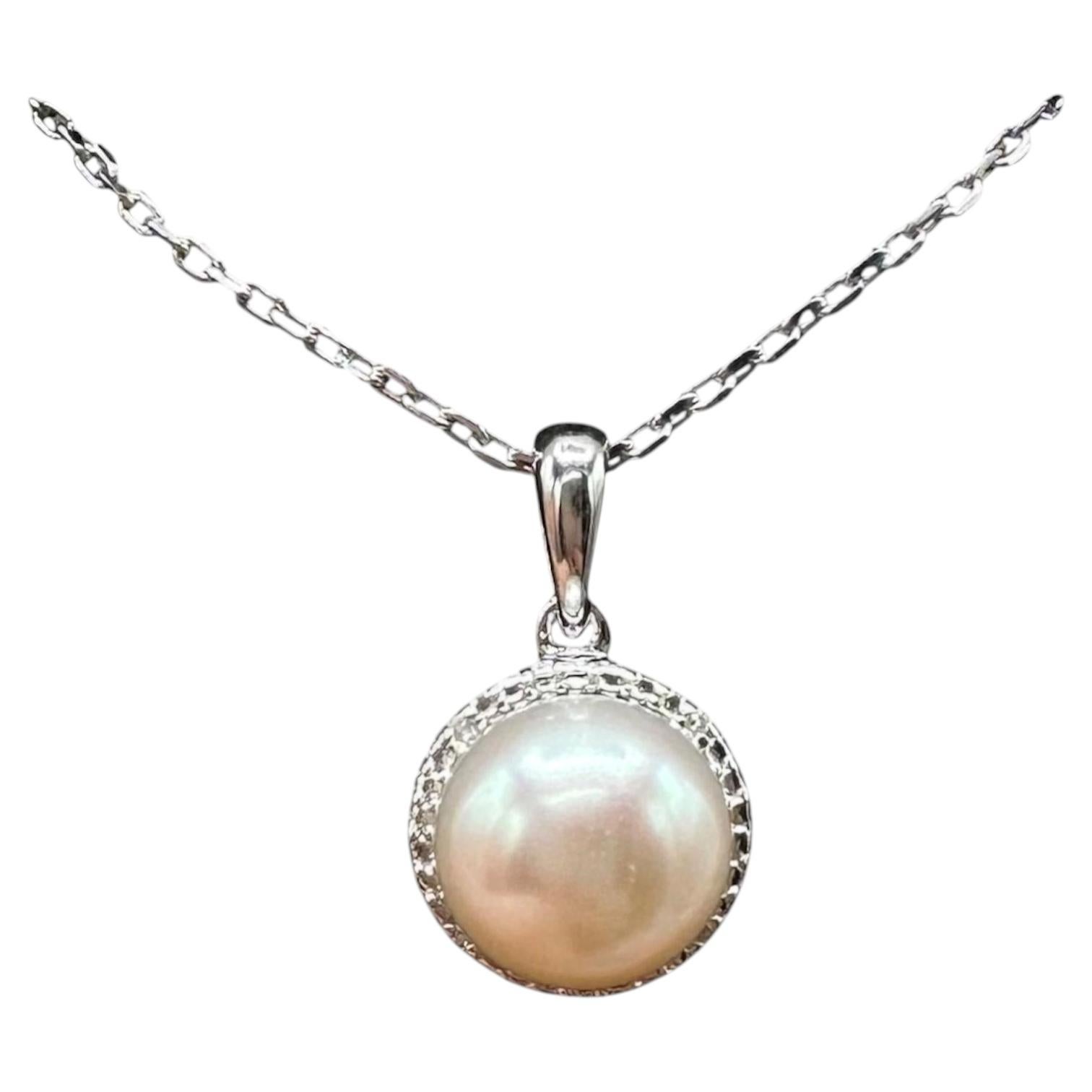 Collar de perlas y diamantes, plata de ley, ajustable, 16-18 pulgadas, nuevo