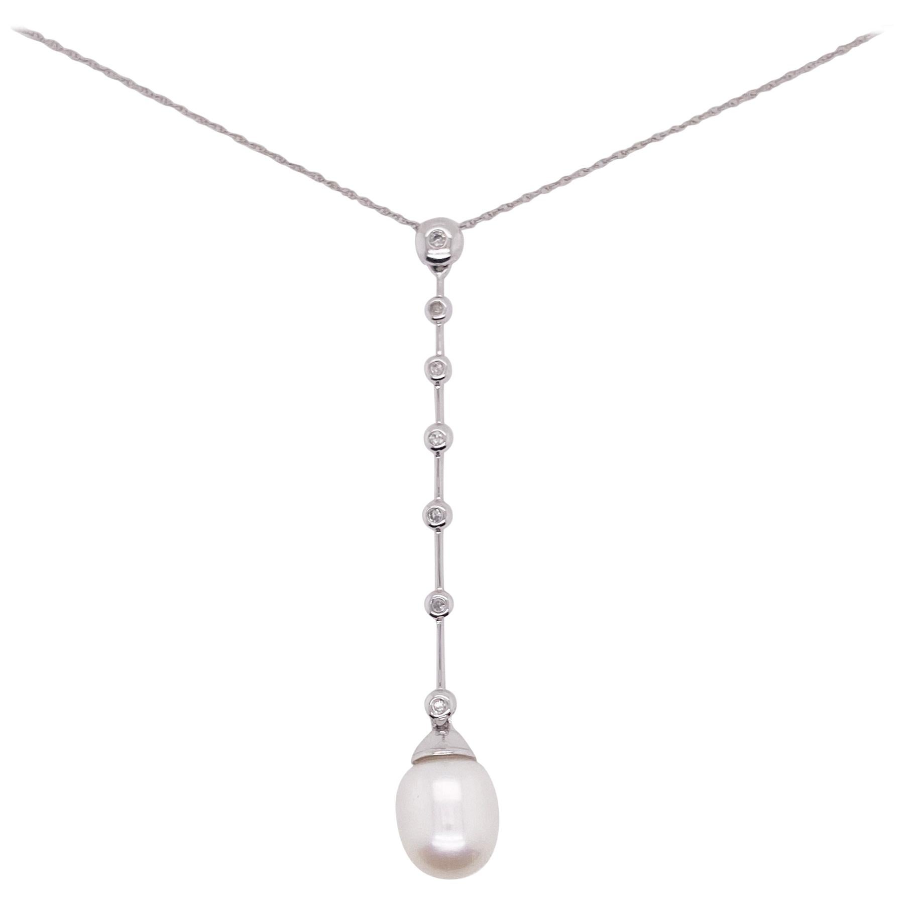 Pearl Diamond Necklace, Vintage Original in 14k White Gold, Pearl Bridal Jewelry